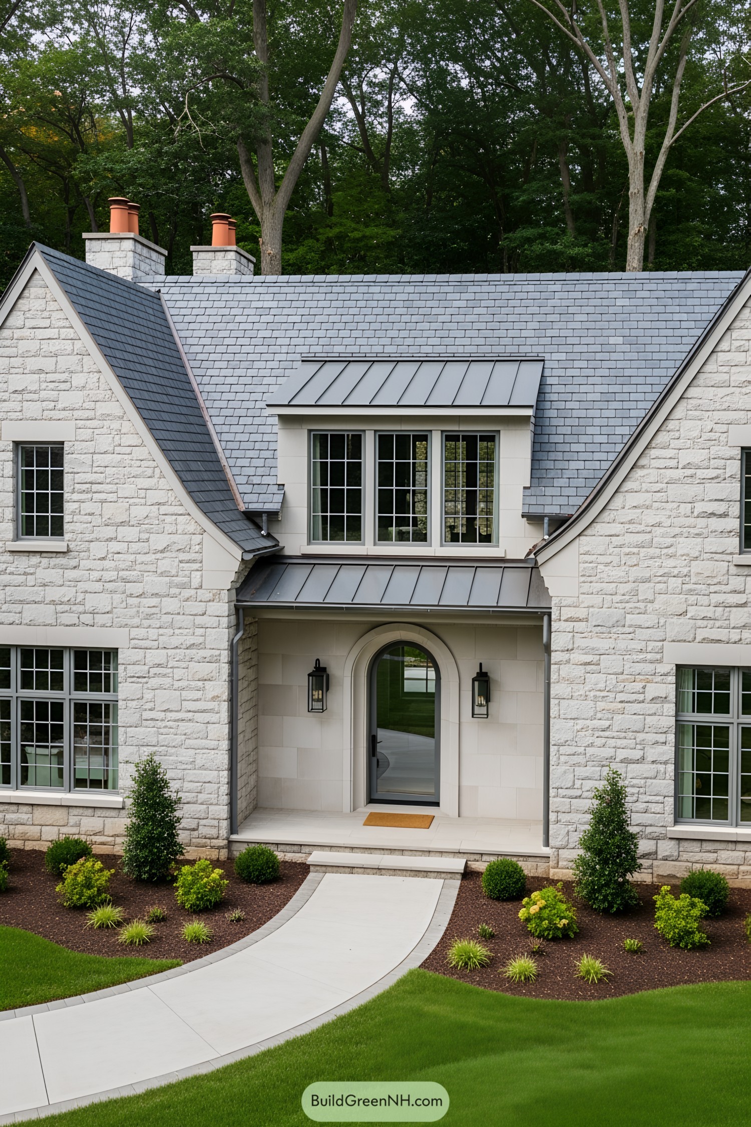 Modern European cottage with a stone façade