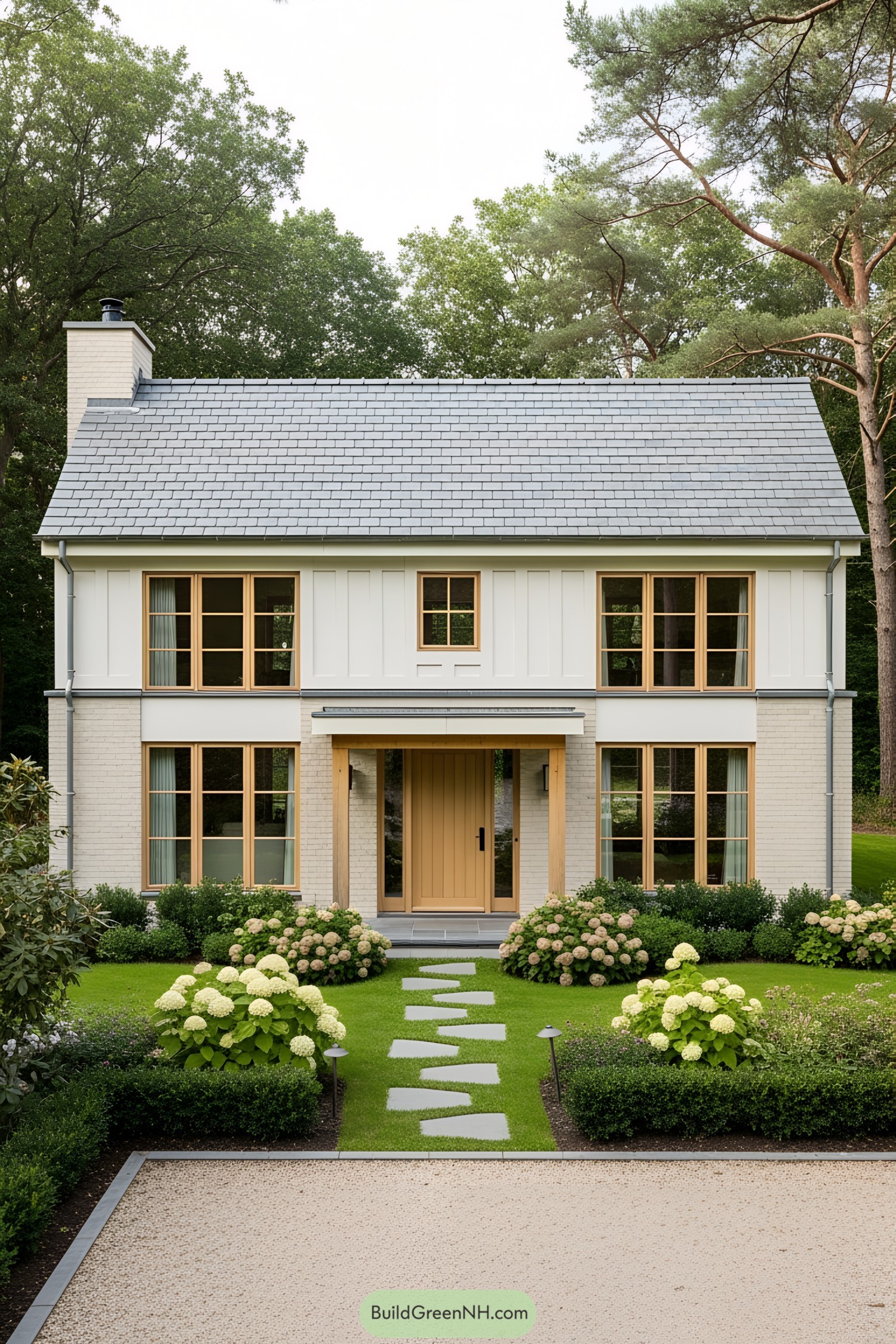 Modern European cottage with lush garden and stone path