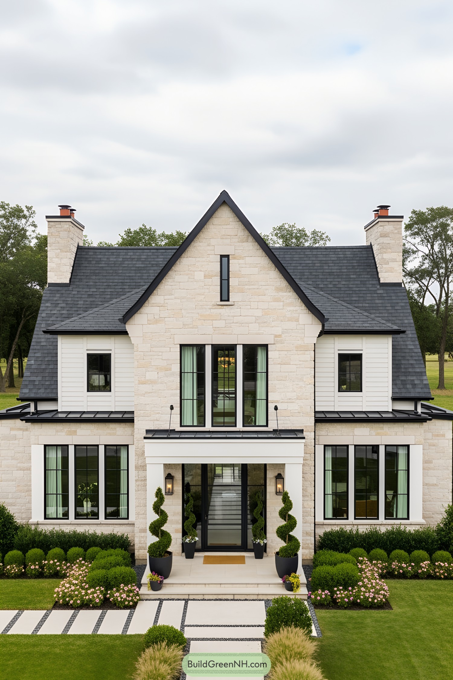 Front view of a modern European stone cottage with lush gardens
