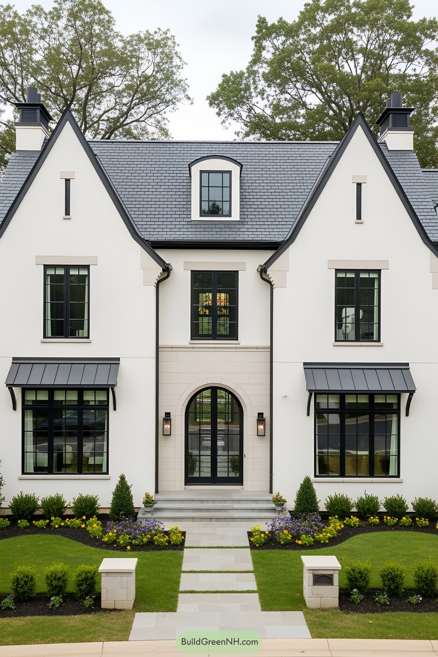 Modern European cottage with black windows and arched doorway