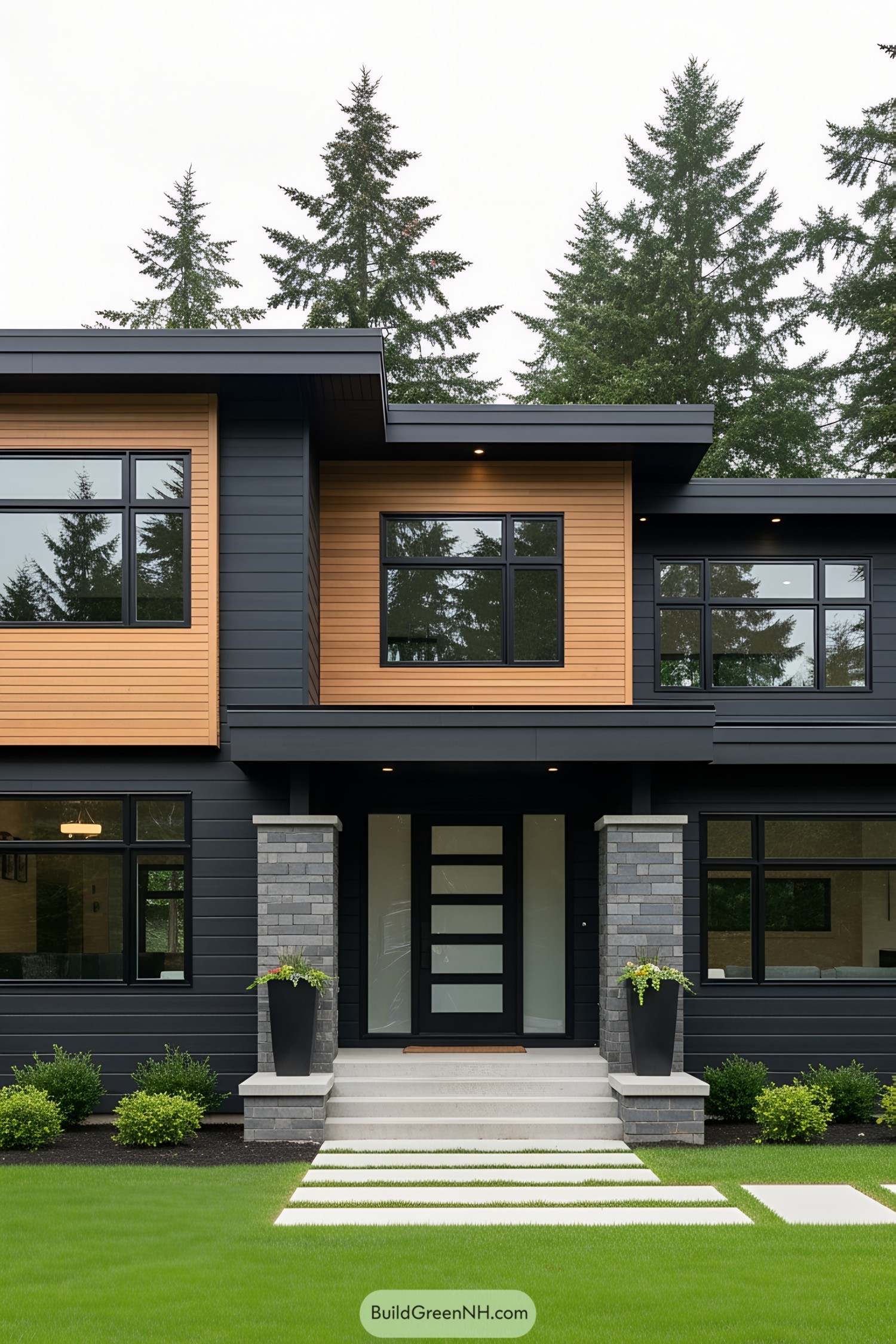 Modern house with black-framed windows and wooden accents