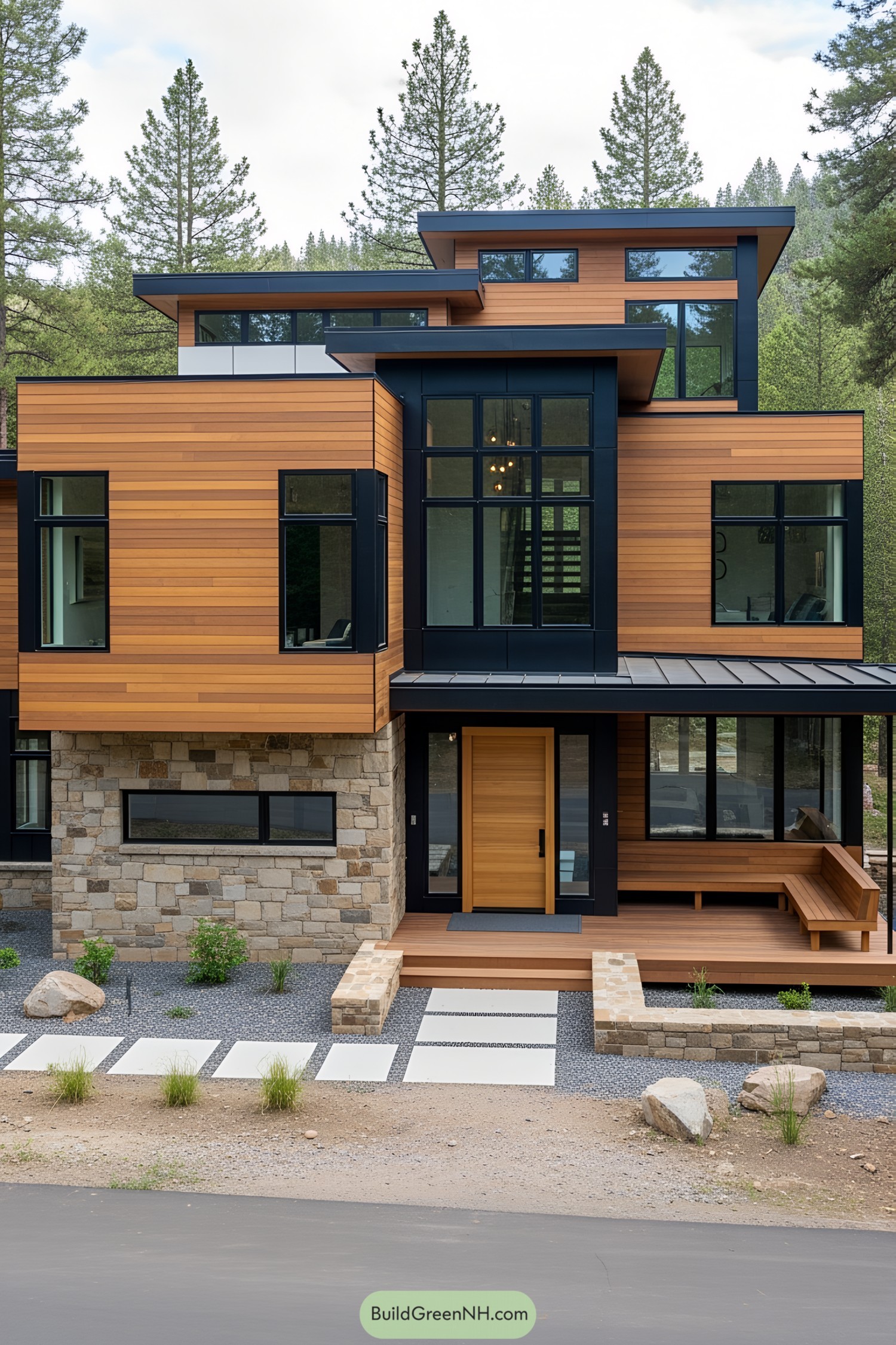 Contemporary house with black-framed windows and wood paneling