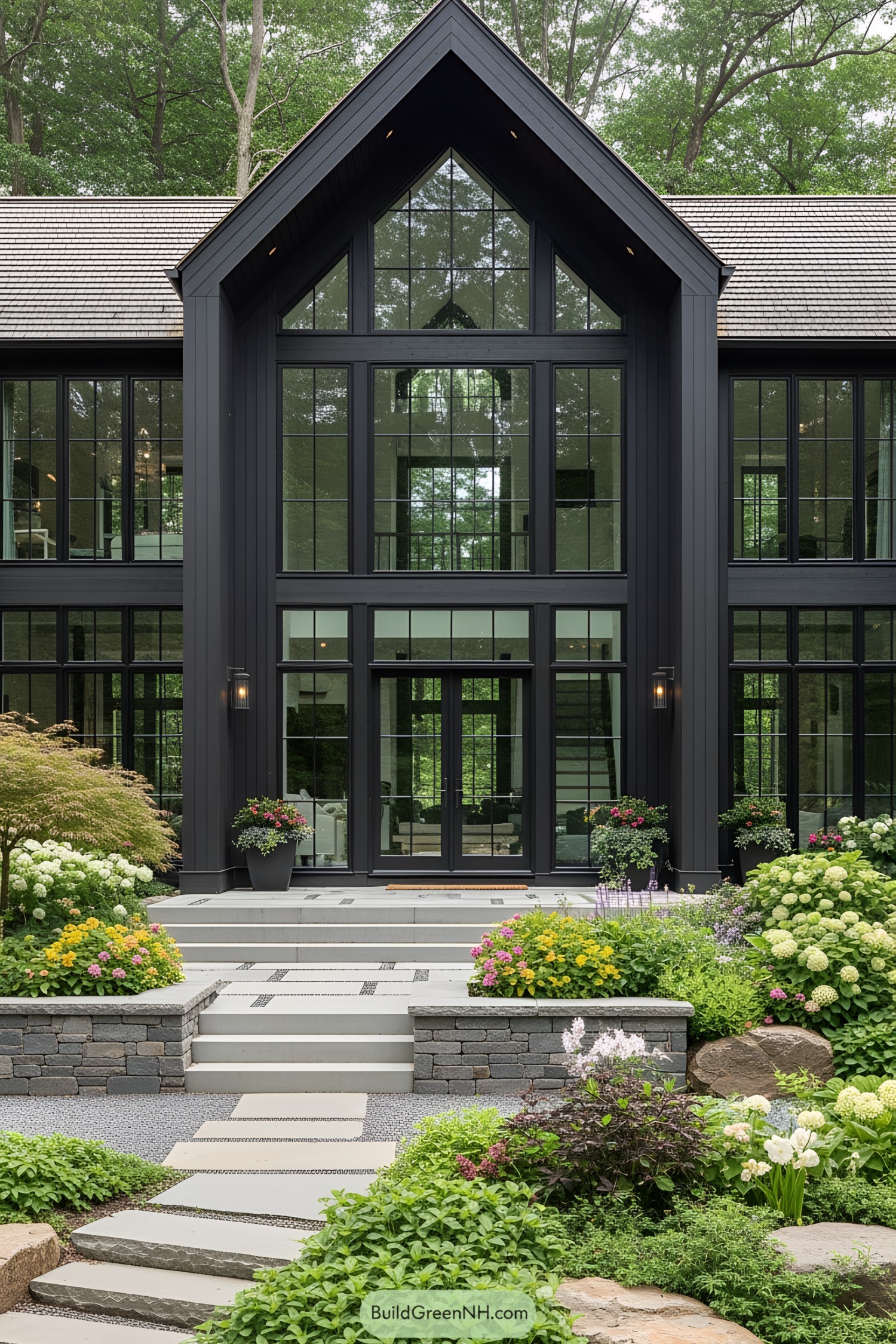 Modern house with black windows surrounded by lush greenery