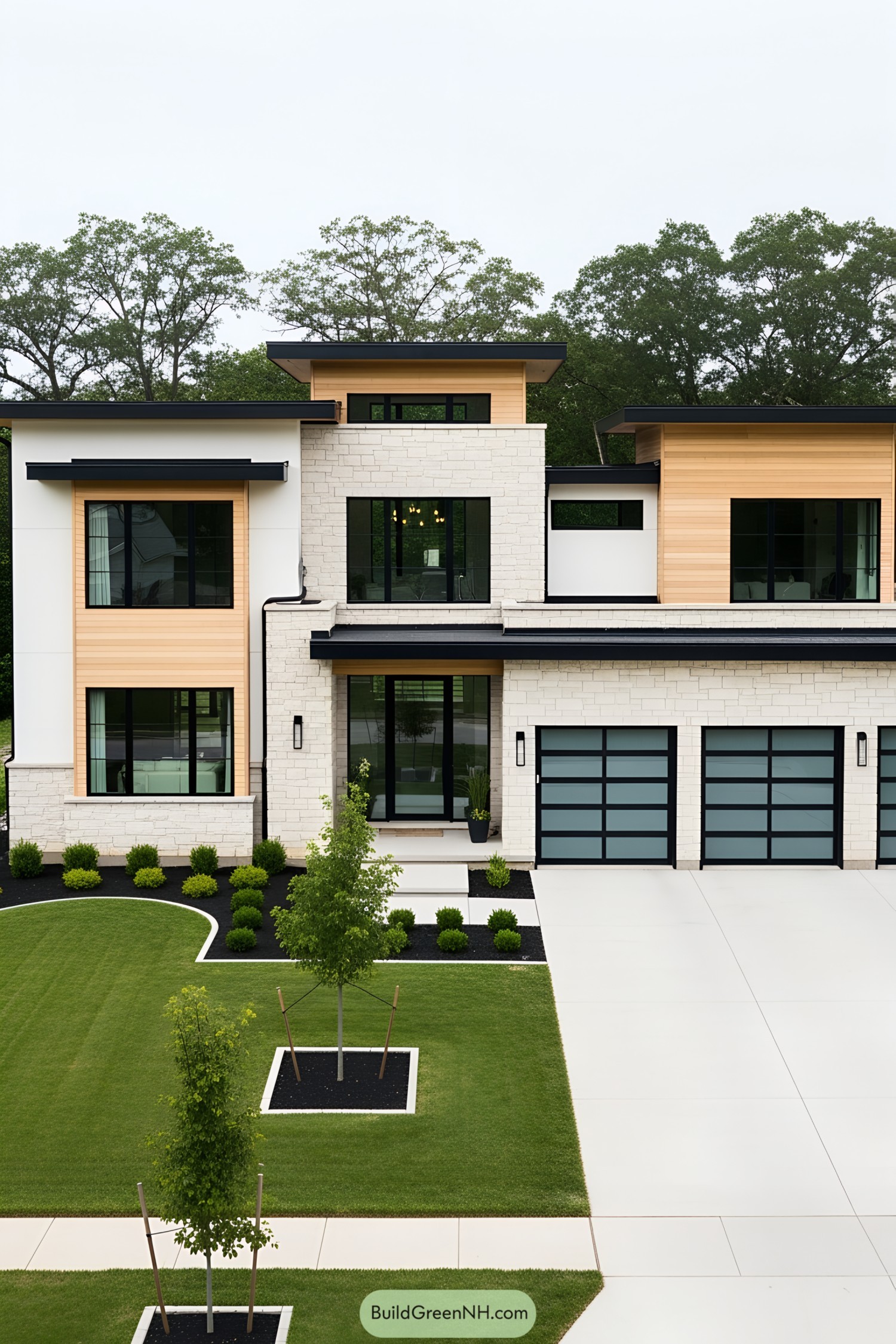 Modern house with black-framed windows and crisp landscaping