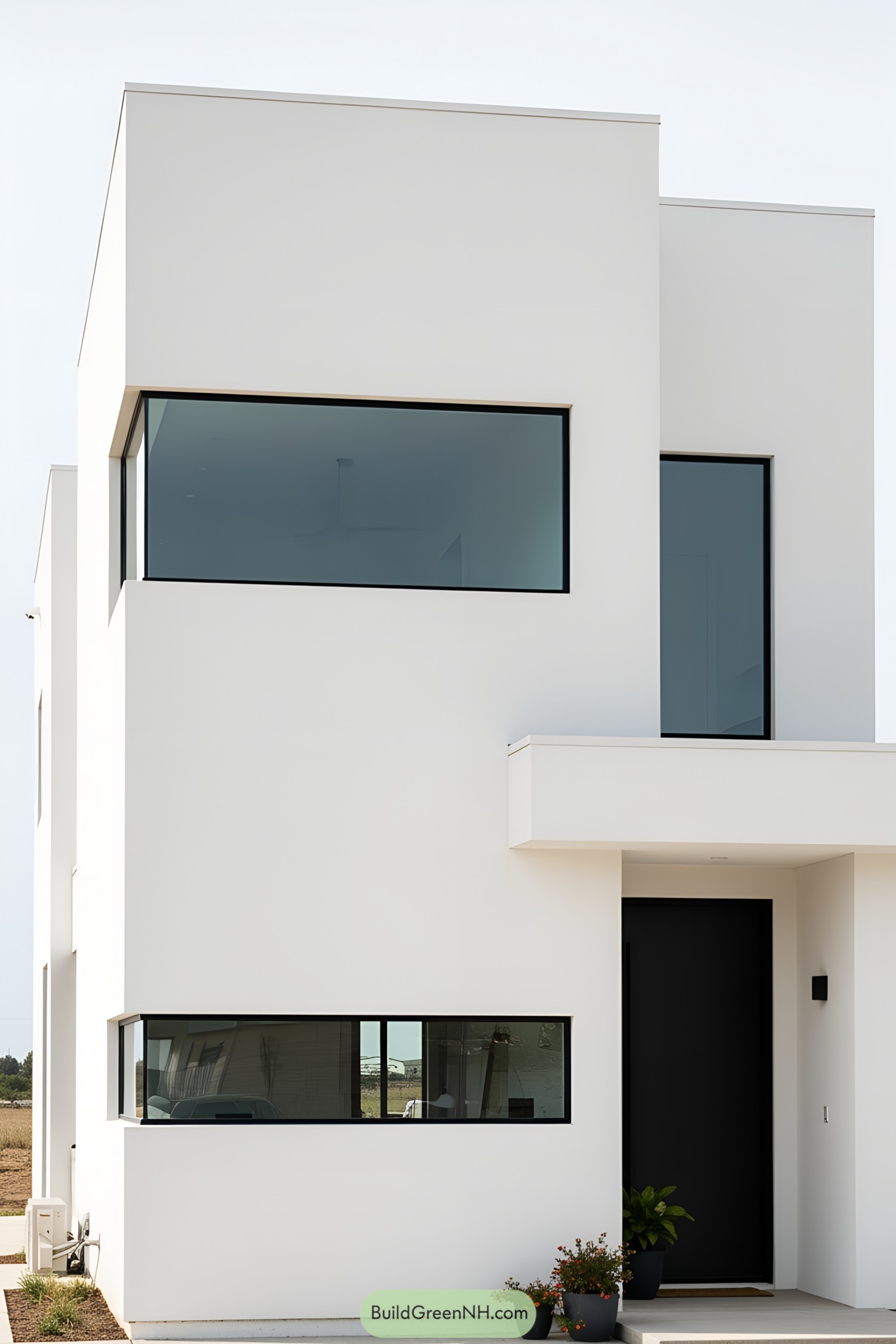 Modern house with sleek black window frames and minimalist design