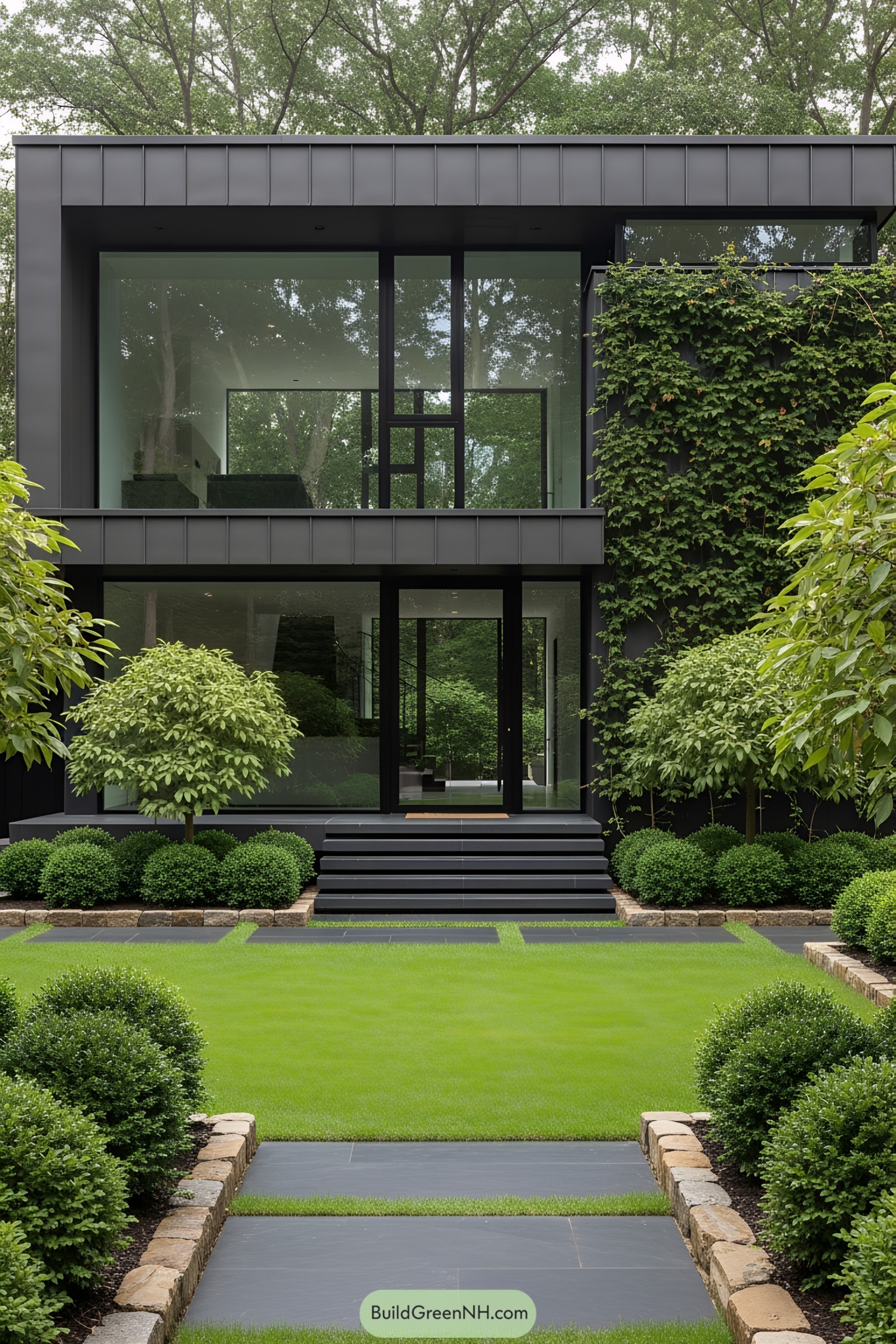 Modern house with large black-framed windows surrounded by greenery