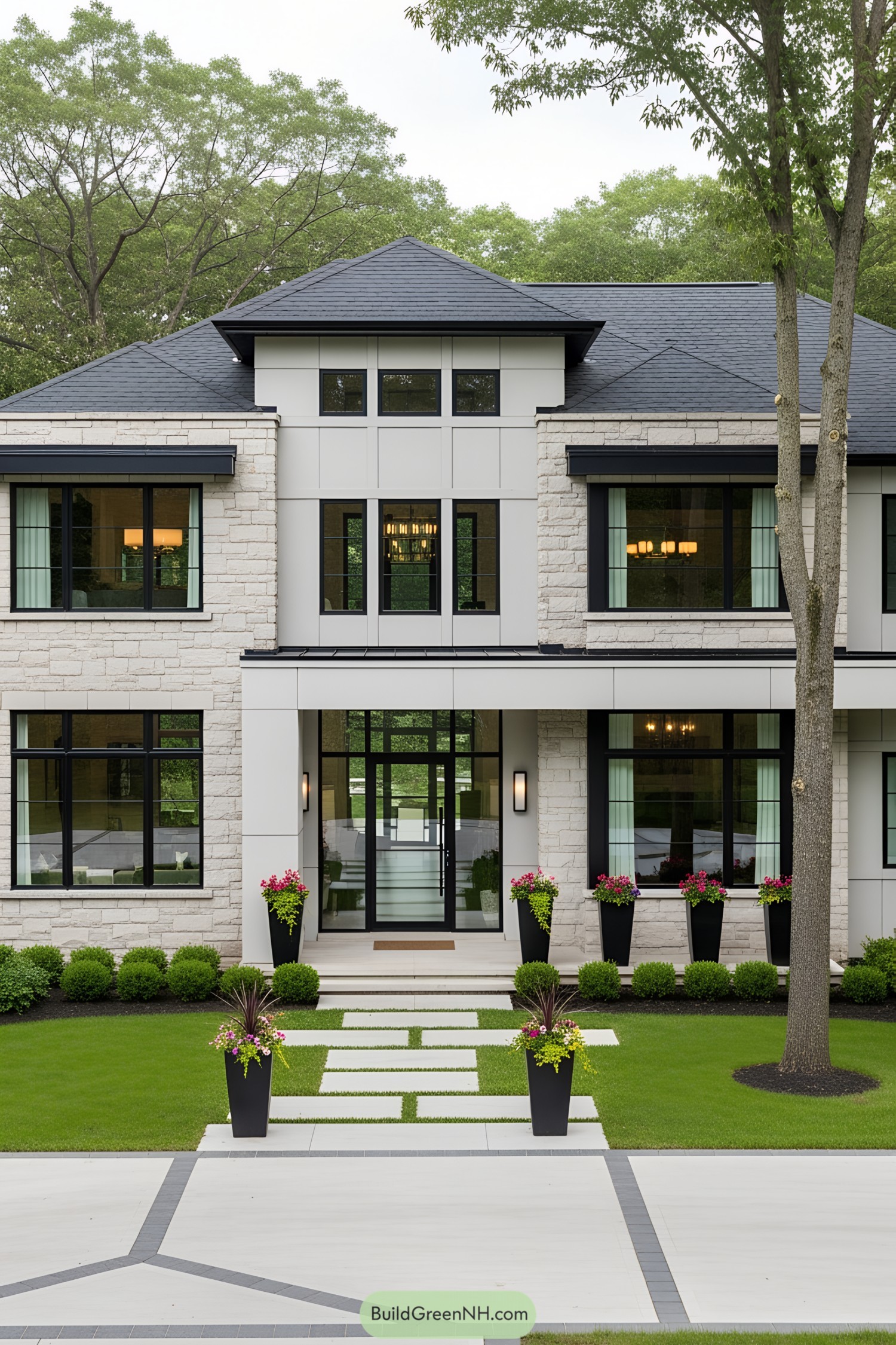 Contemporary home with black-framed windows