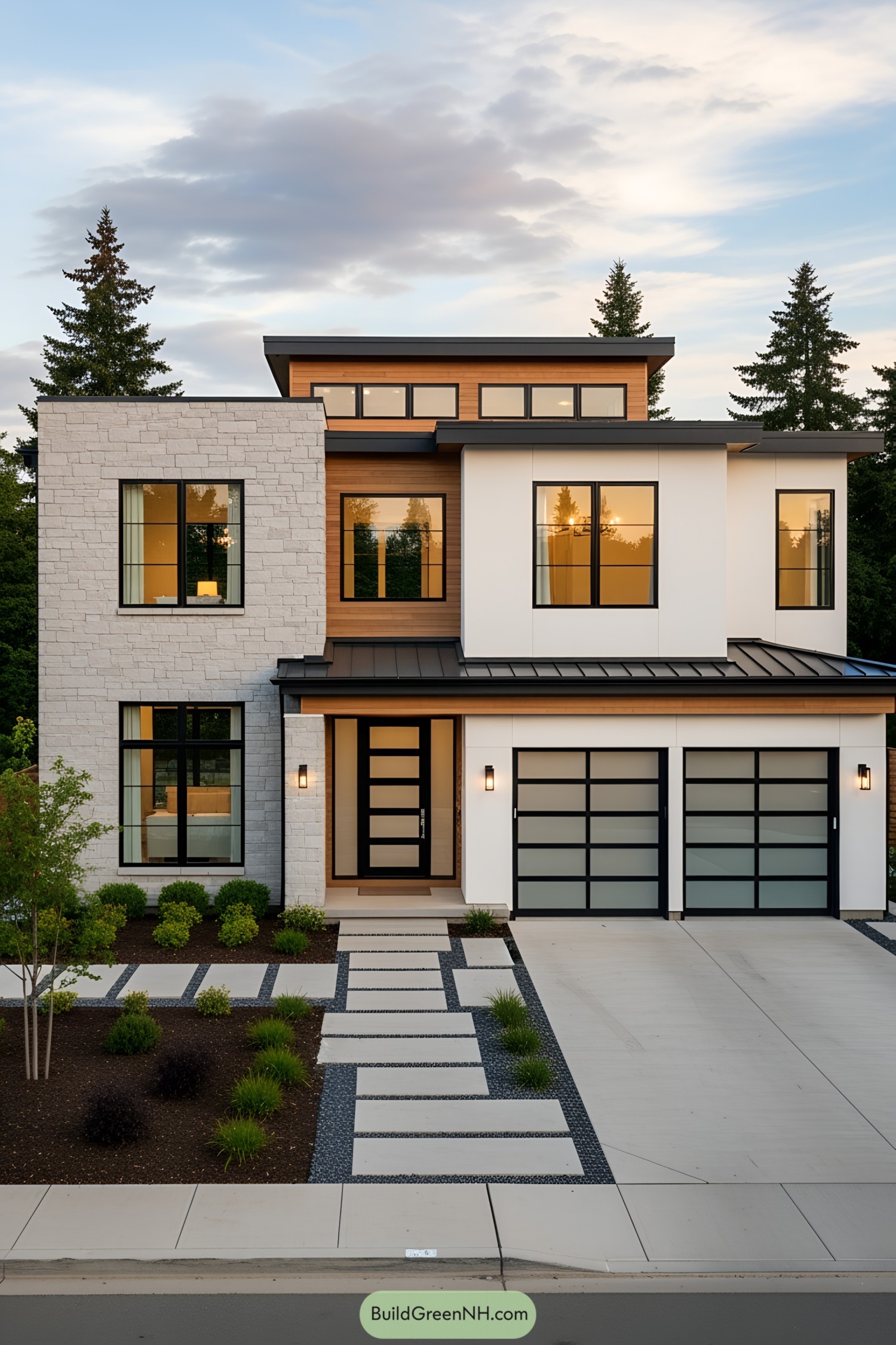 Modern house with sleek black-framed windows and a stone façade