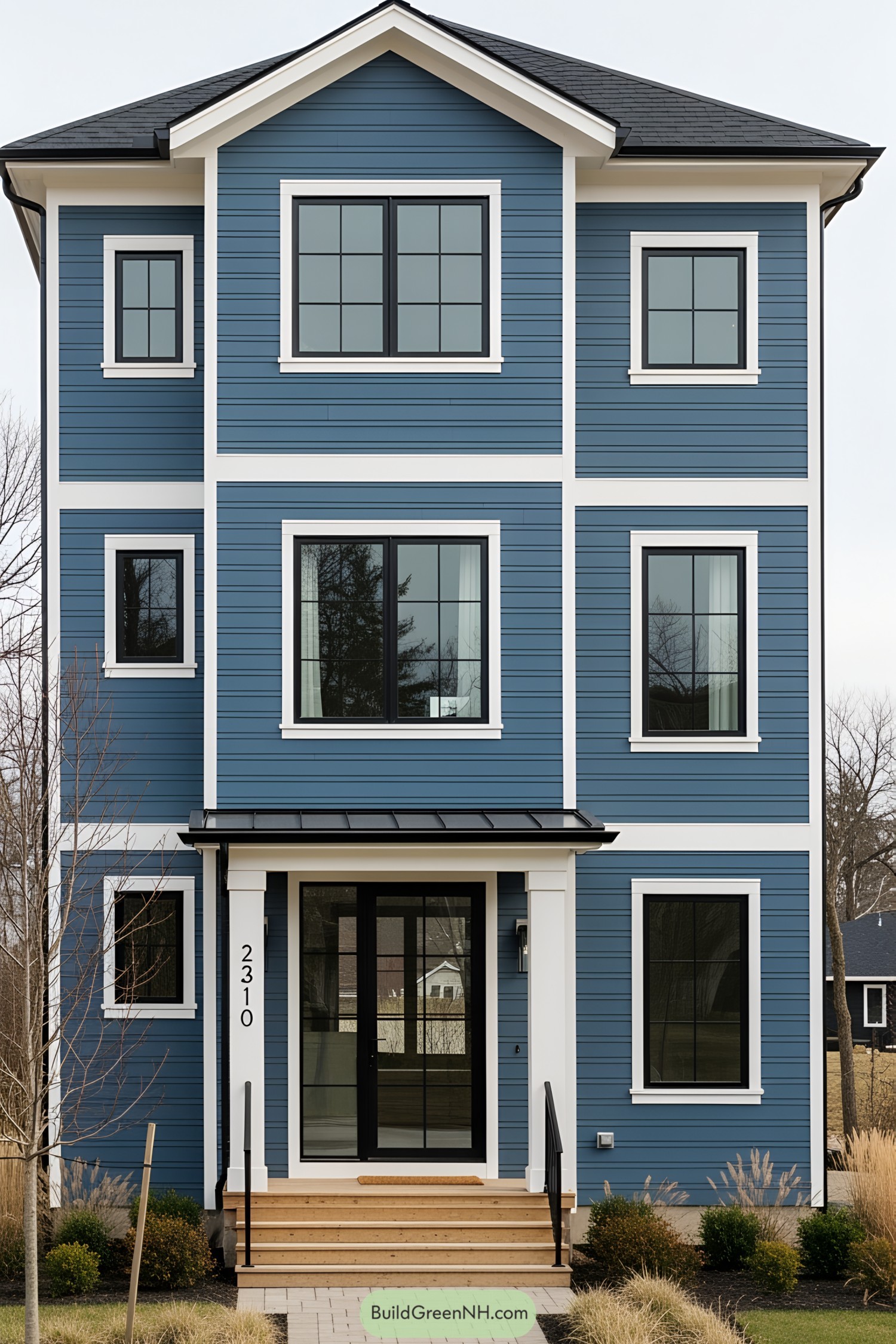 Modern house with striking black-framed windows