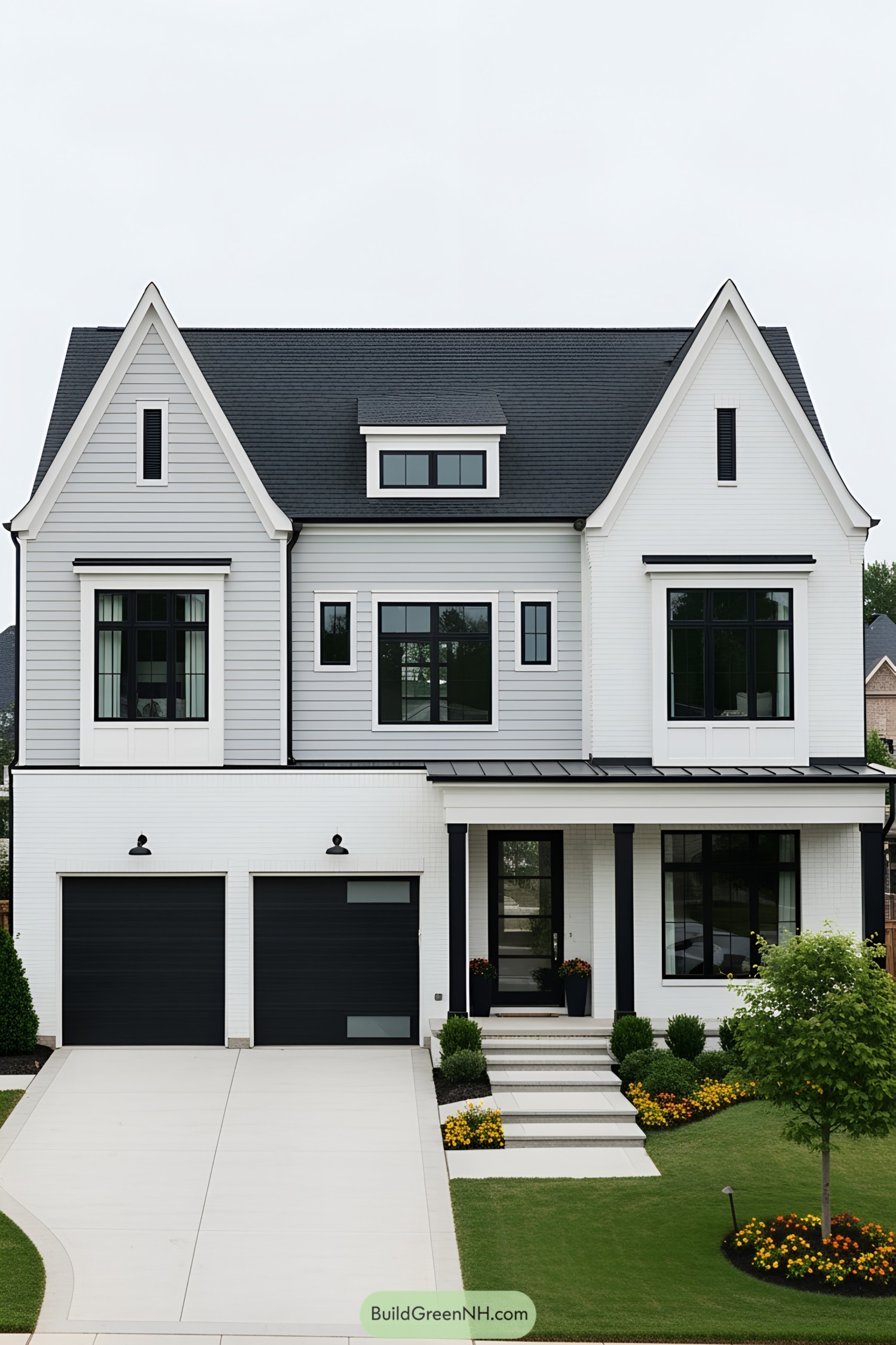 Modern house with striking black windows and a sleek design