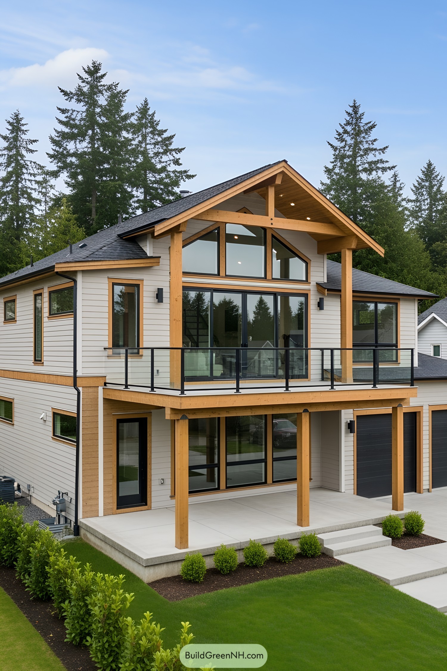 Modern house with a spacious wooden deck and large windows