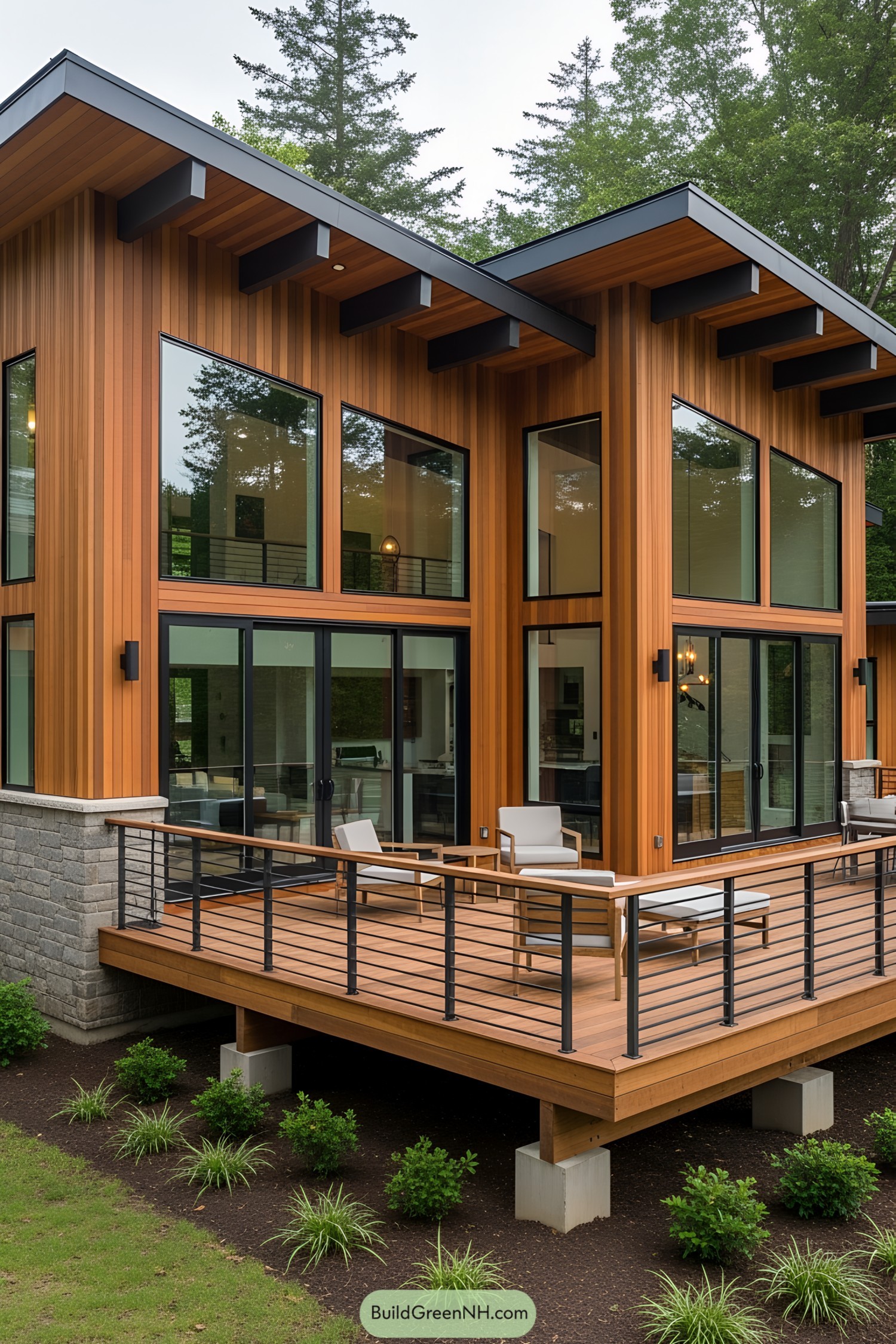 Modern house with large wooden deck and big glass windows