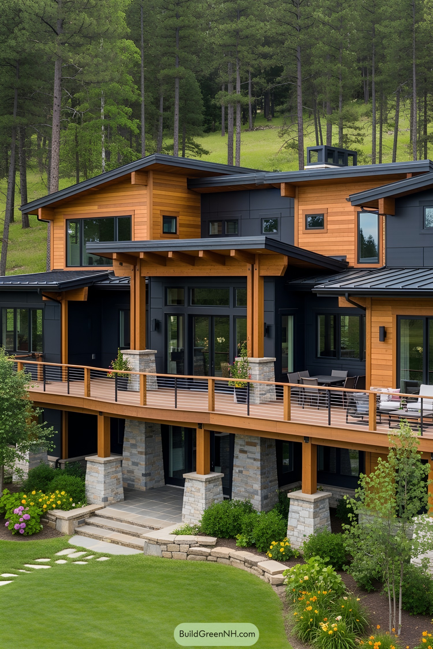 Modern house with expansive wooden deck and lush surroundings