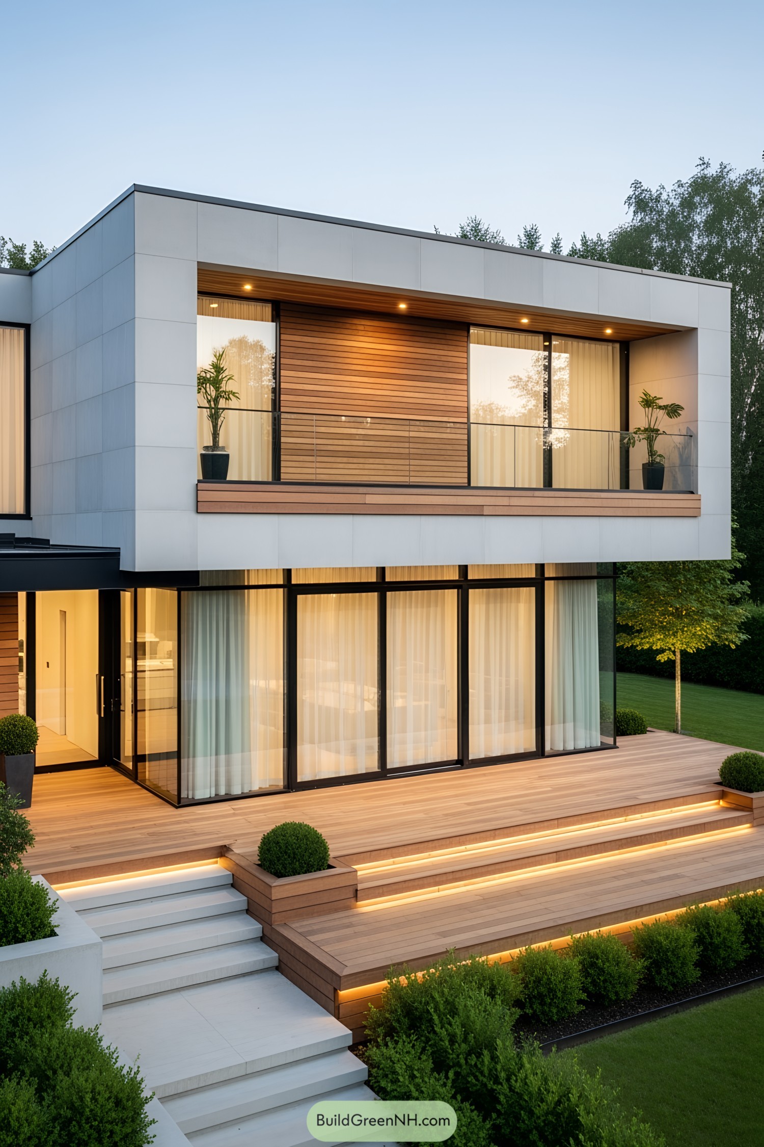 Modern house with a large, illuminated deck