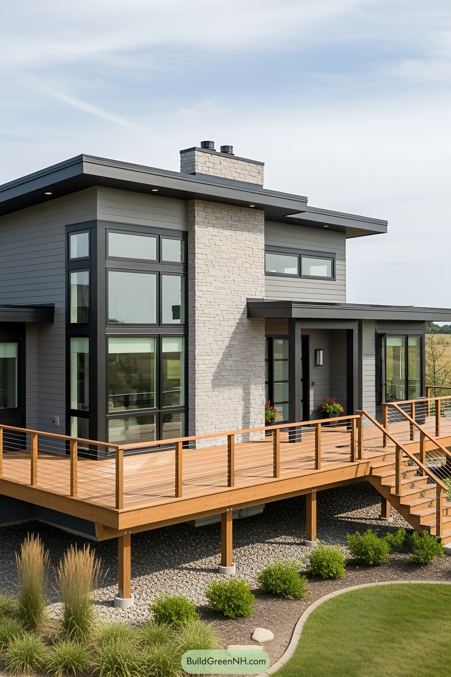 Modern house with a large wooden deck and glass windows