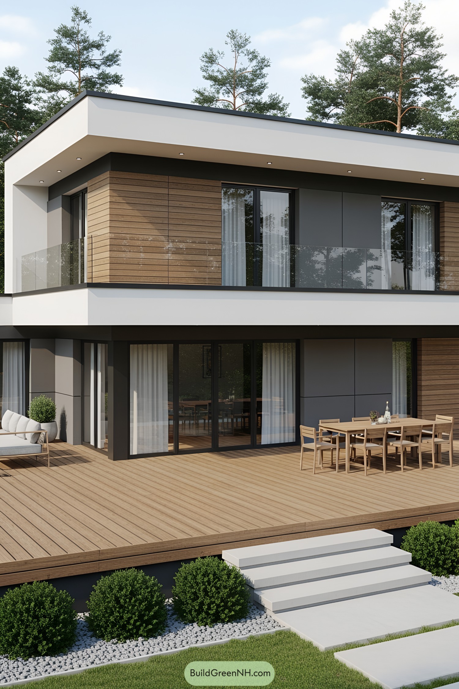 Modern house with large wooden deck and outdoor dining area
