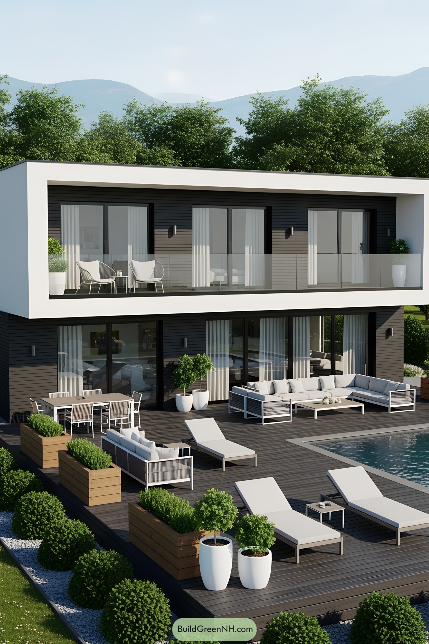 A modern house with expansive deck and pool