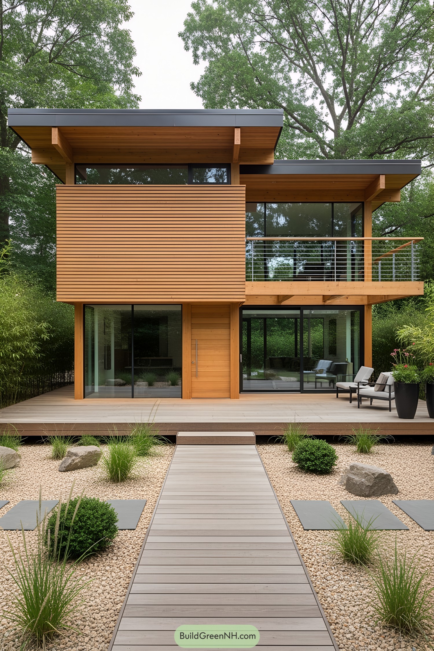 Modern house with large wooden deck surrounded by greenery