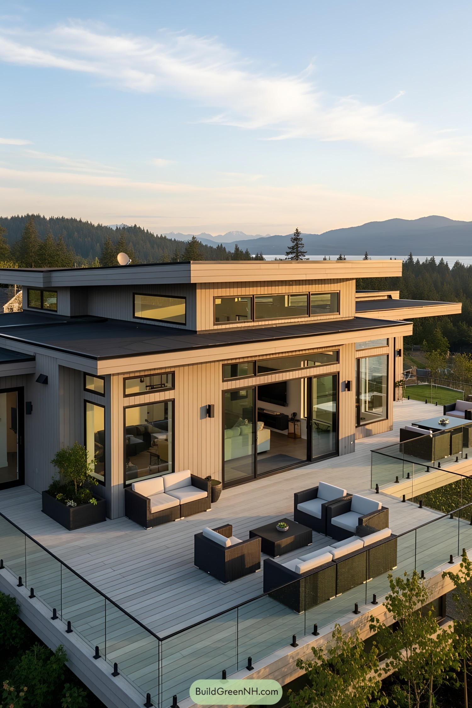 Spacious deck with modern furniture on a hillside home