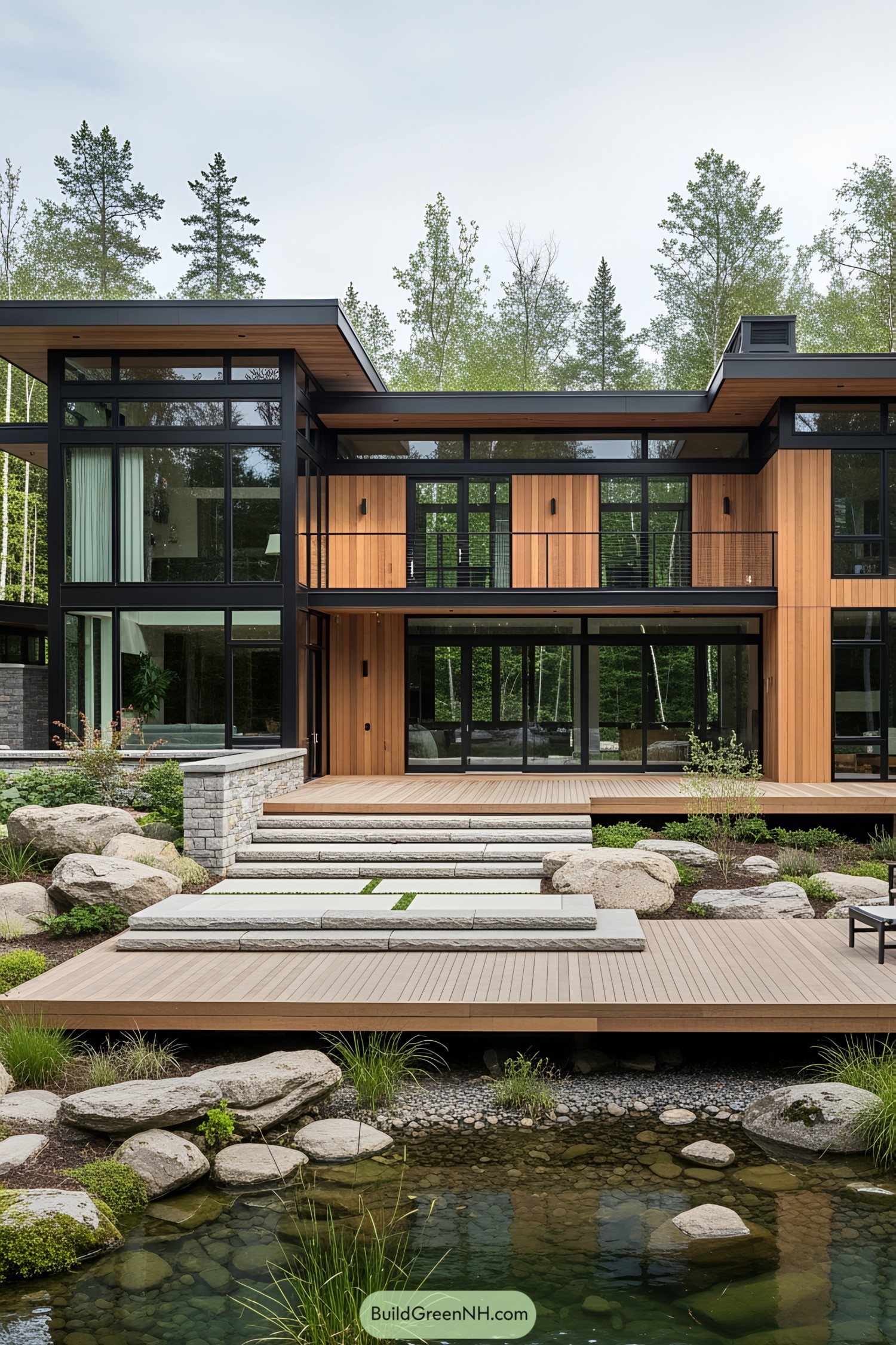 Modern house with a large deck surrounded by nature