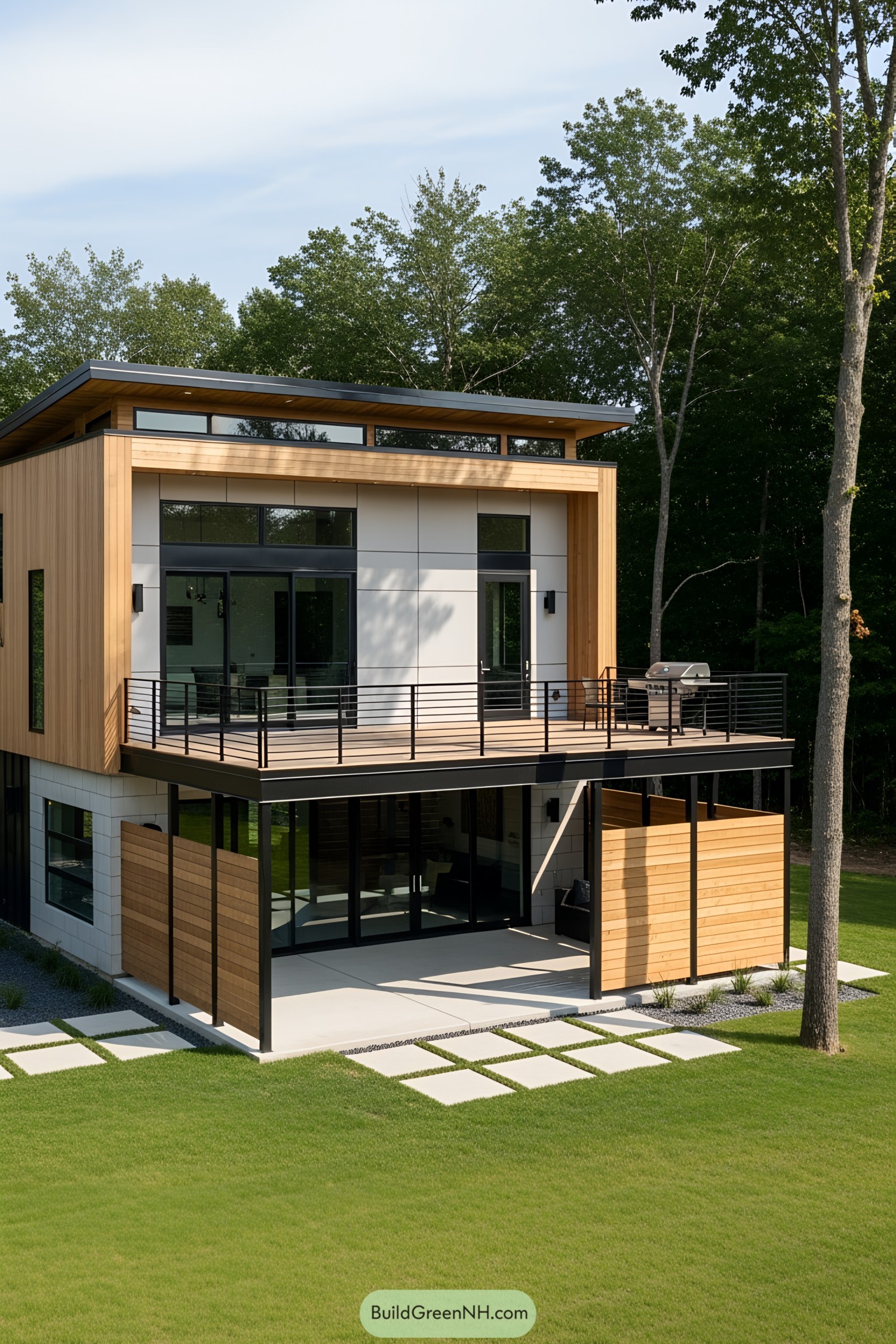 A modern house with a large wooden deck and lush green surroundings