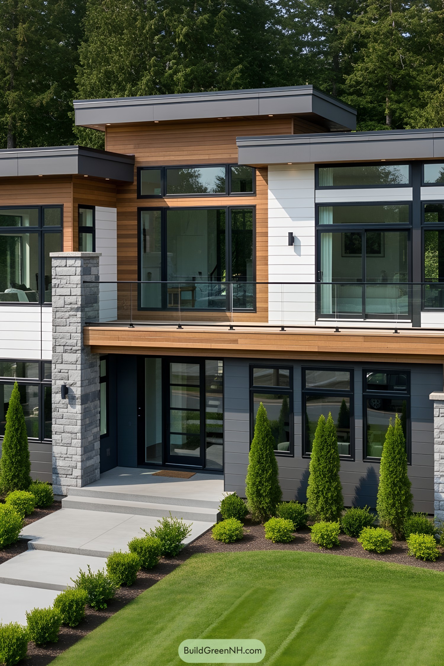 Modern house with a spacious deck and lush greenery