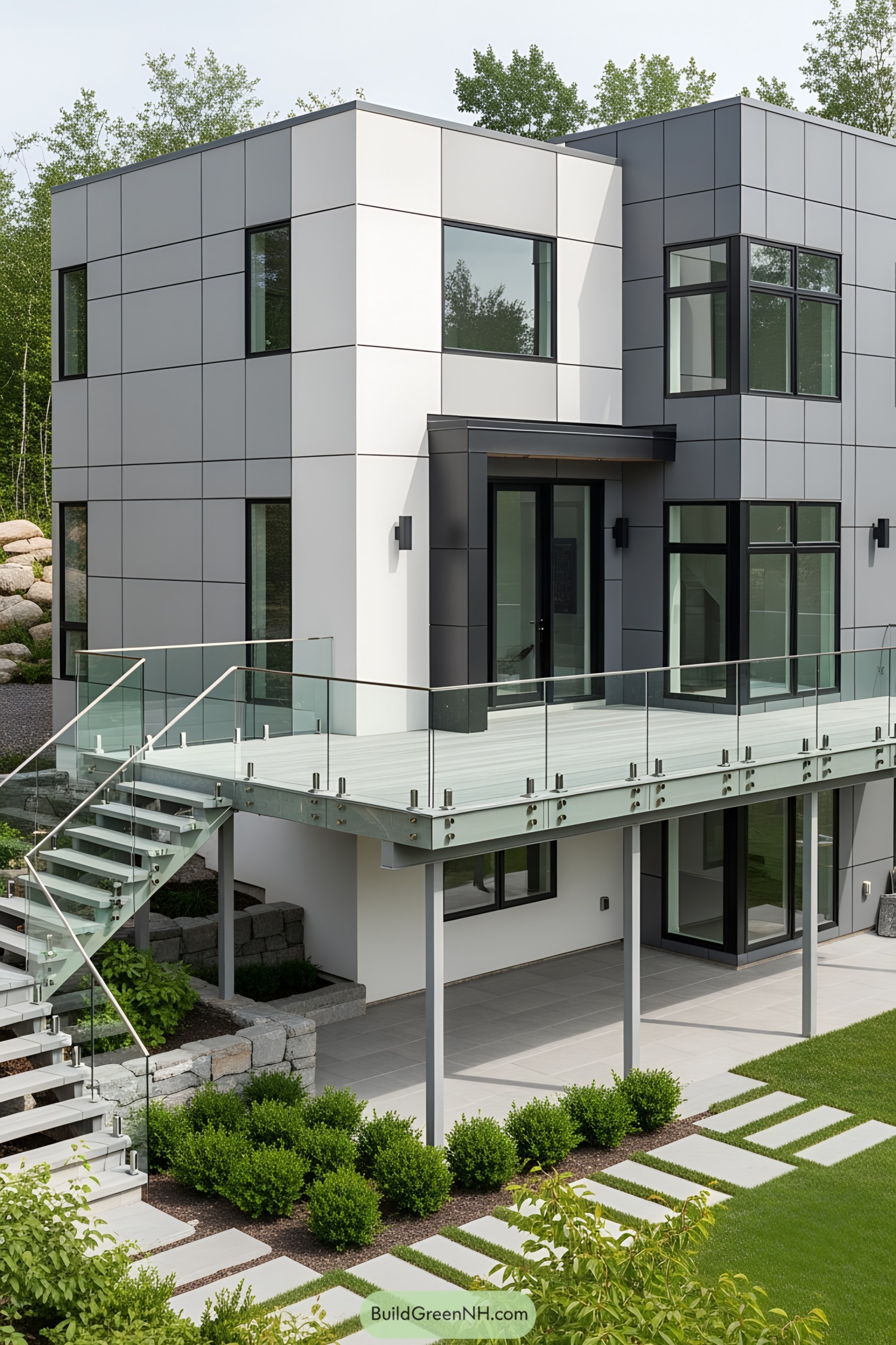 Modern house with a glass-railed deck