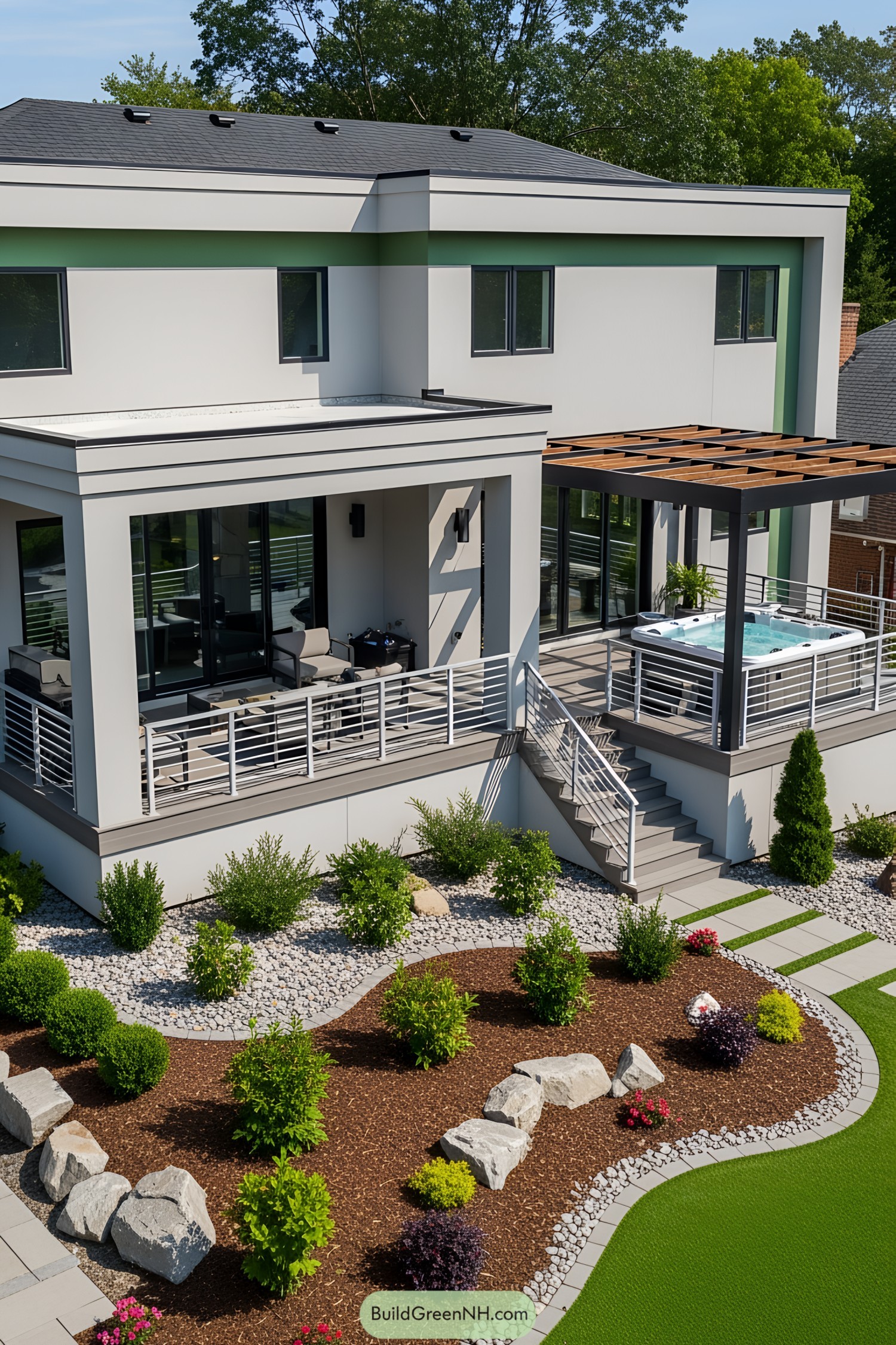 Modern house with patio, garden, and hot tub
