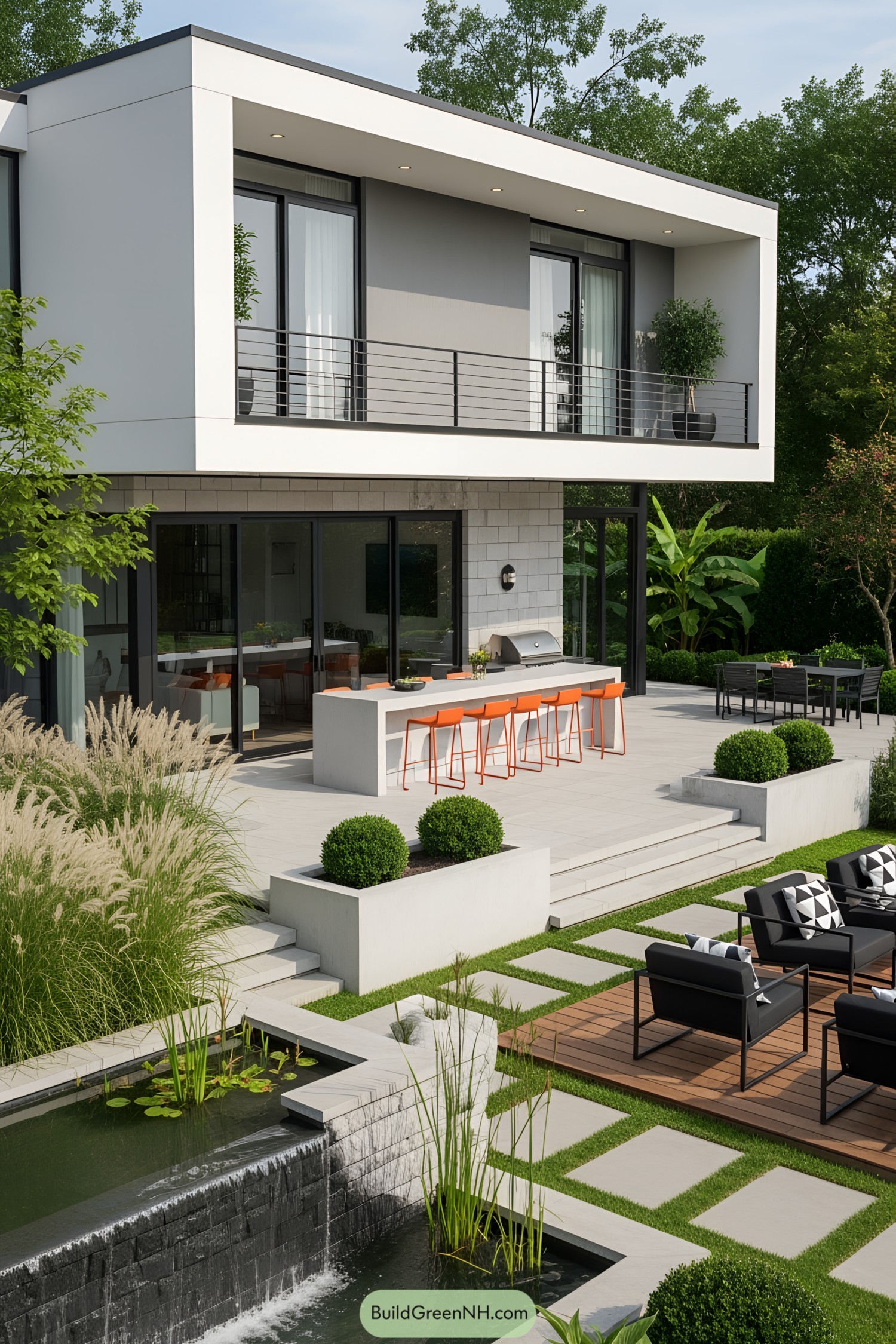Modern house with patio and lush garden featuring a tranquil pond
