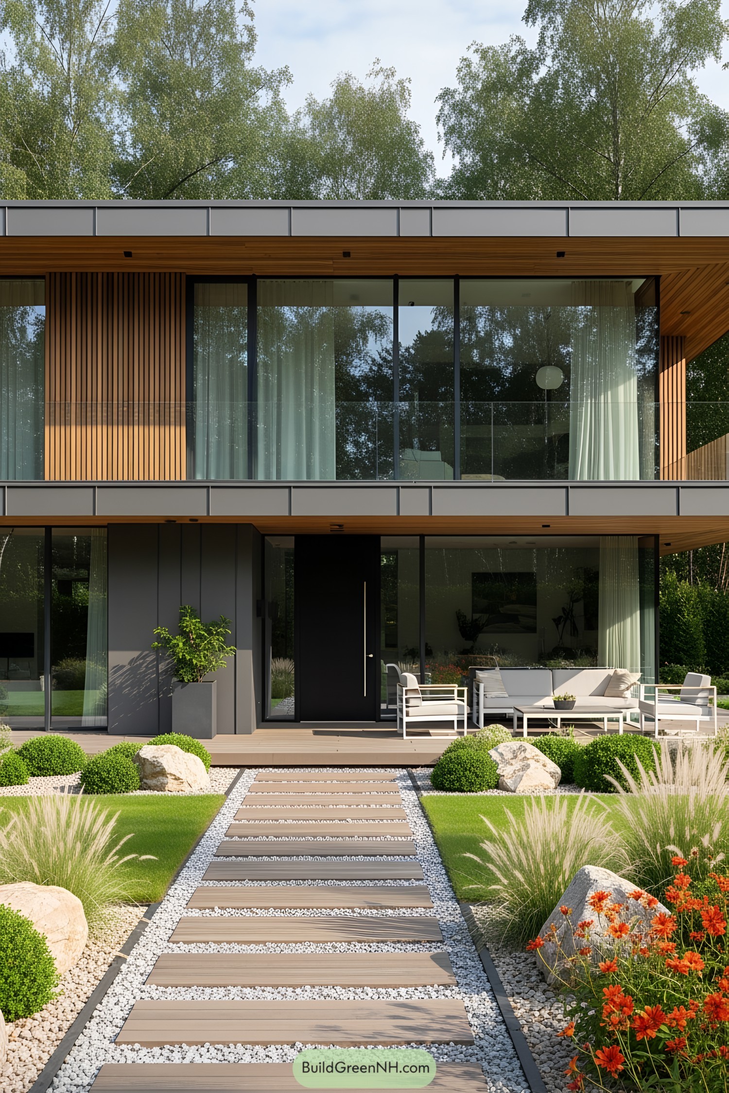 Modern house with stylish patio and lush garden