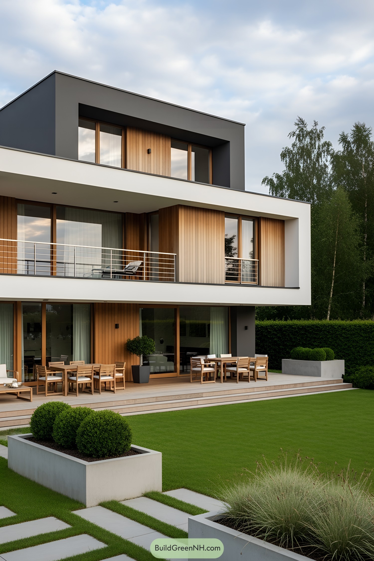 Modern house with patio and green lawn