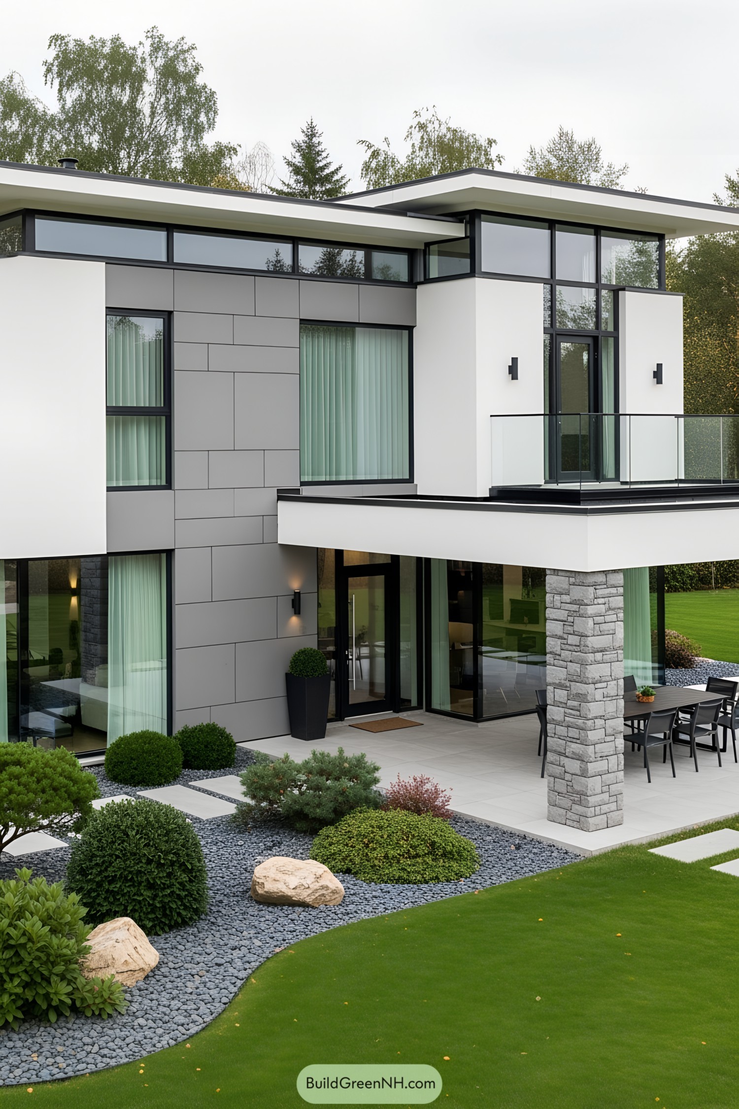 Elegant modern house with patio and lush garden