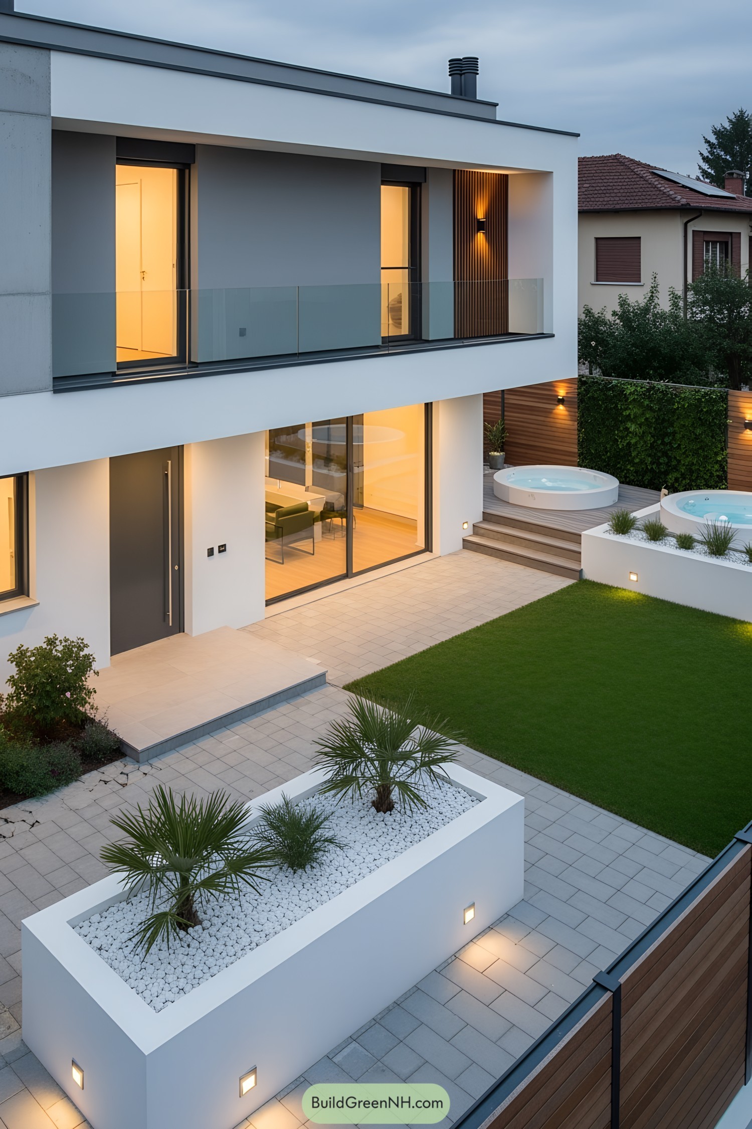 Modern house with a chic patio and lush garden
