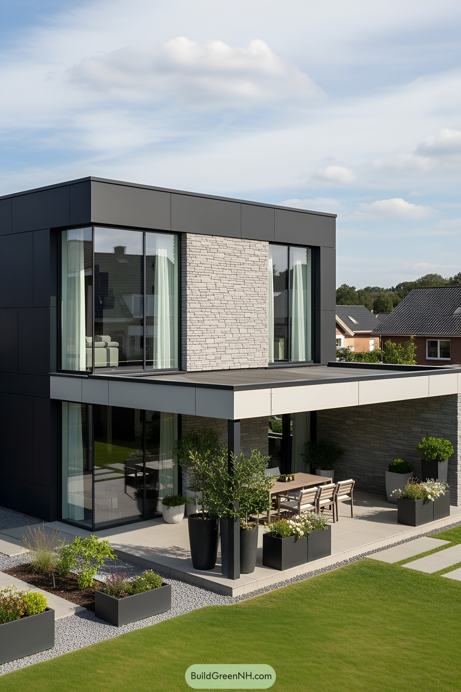 Modern house with sleek patio and lush garden