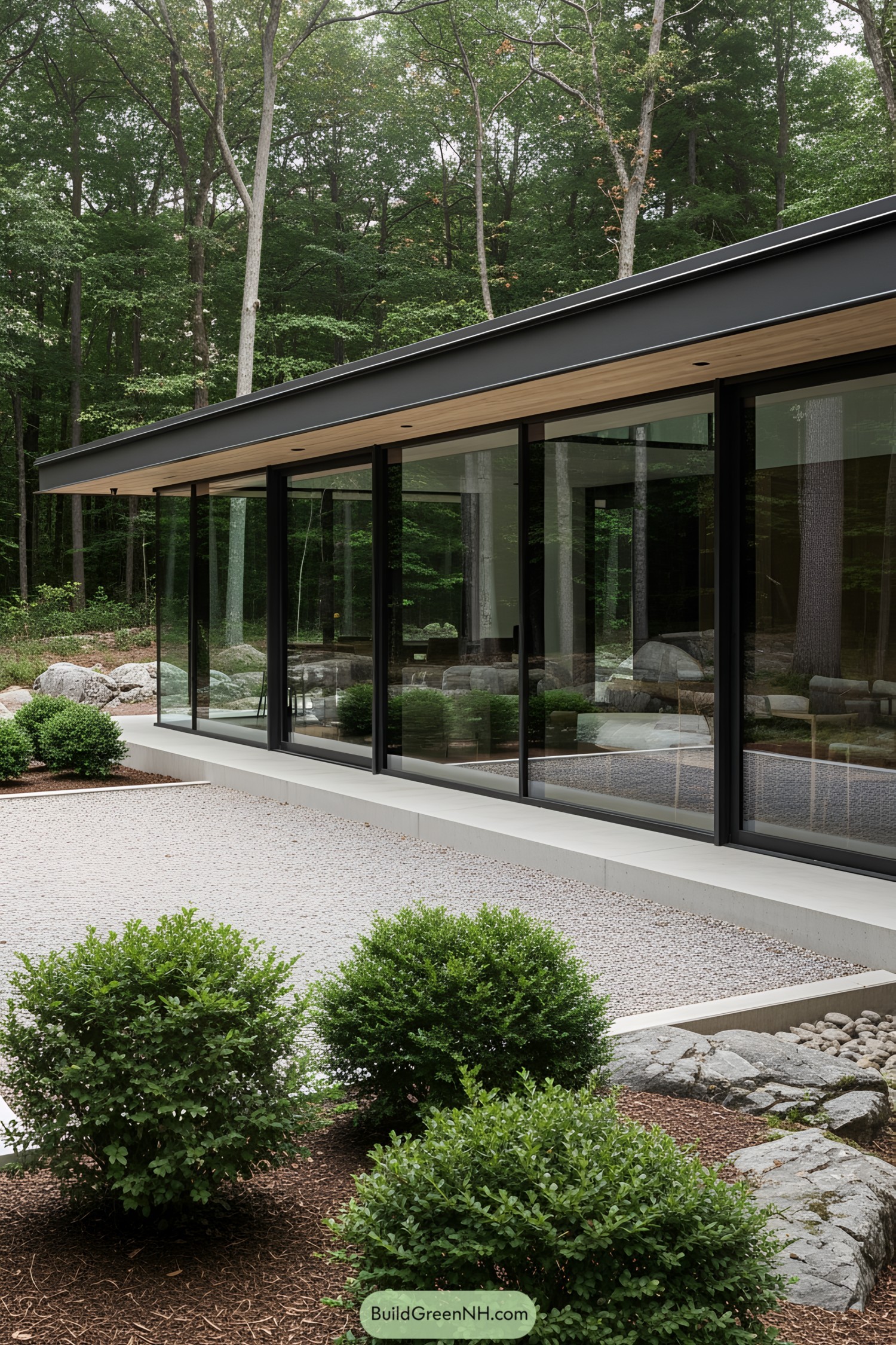 Modern house with glass walls, surrounded by trees