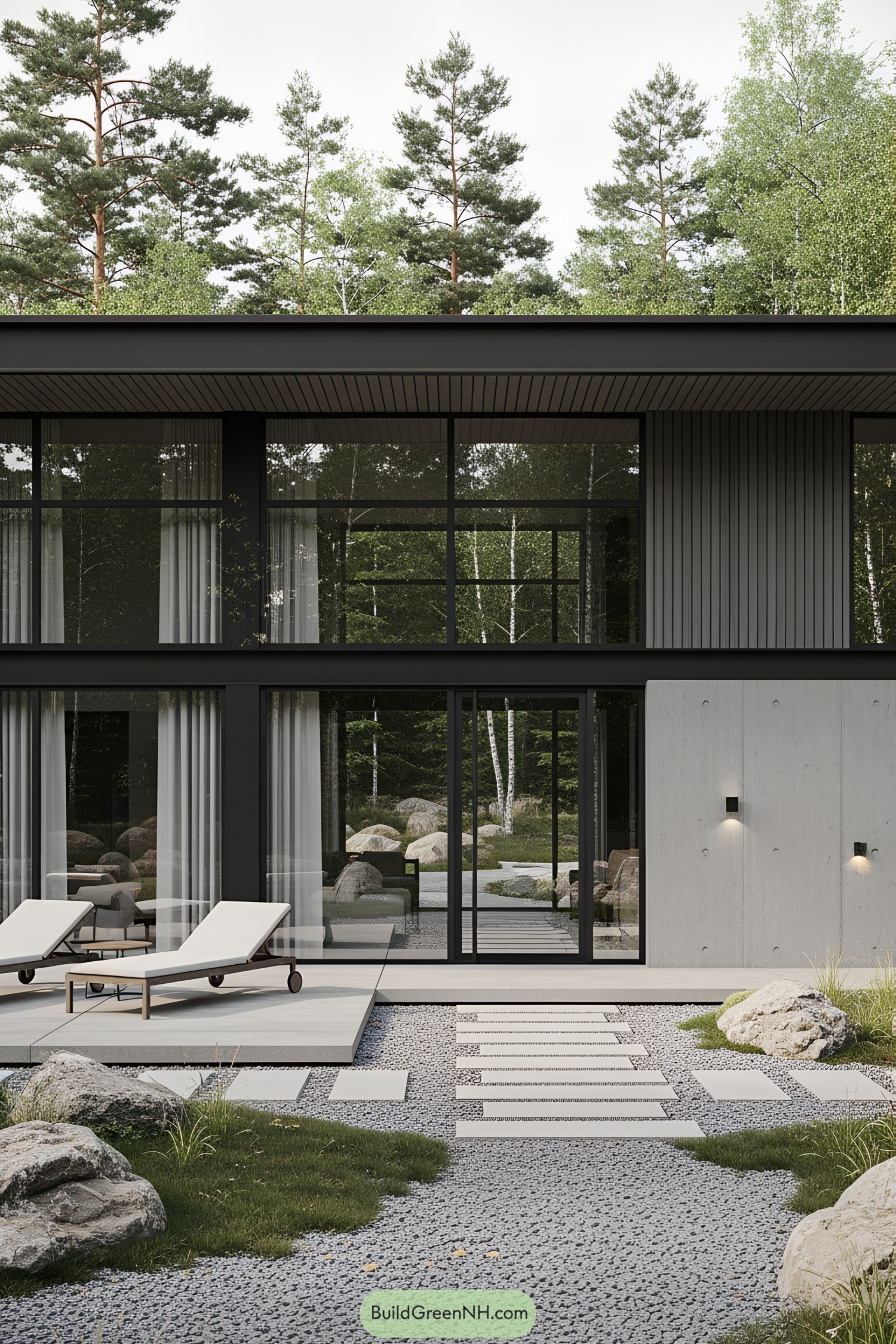 Modern house with patio and tall trees