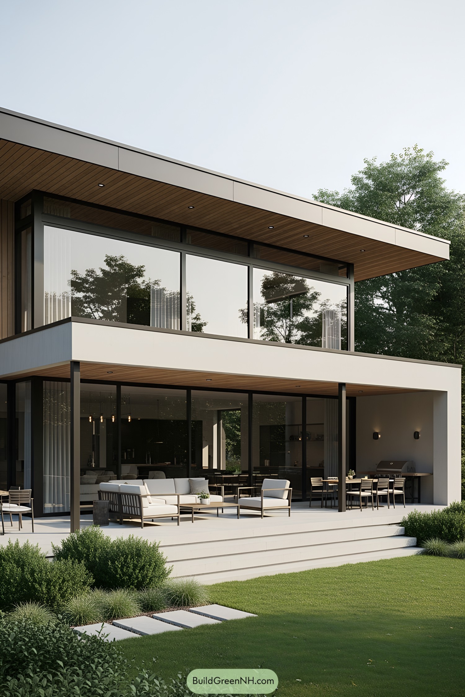 Modern house with expansive patio and lush garden