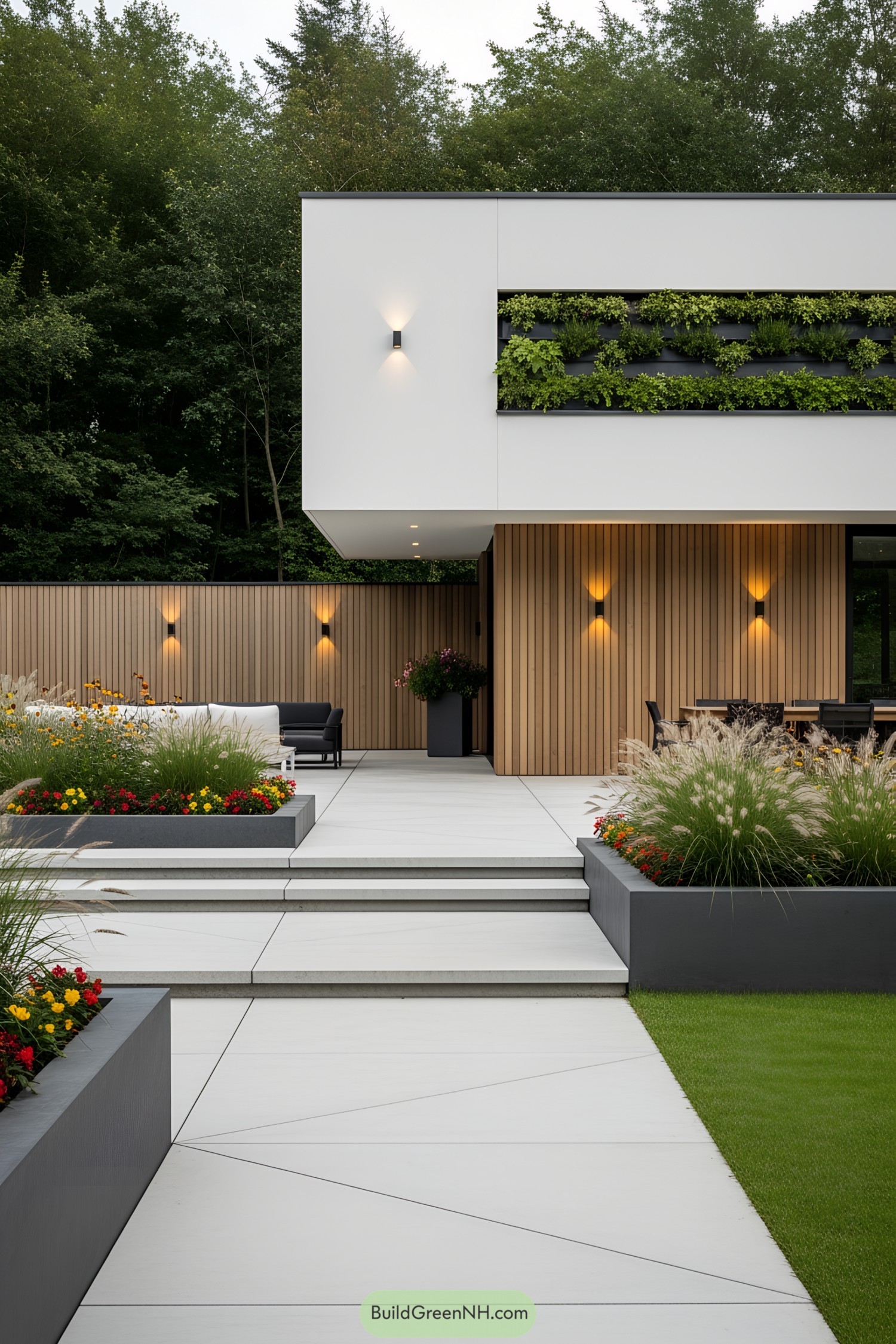 Modern house with sleek patio and lush garden