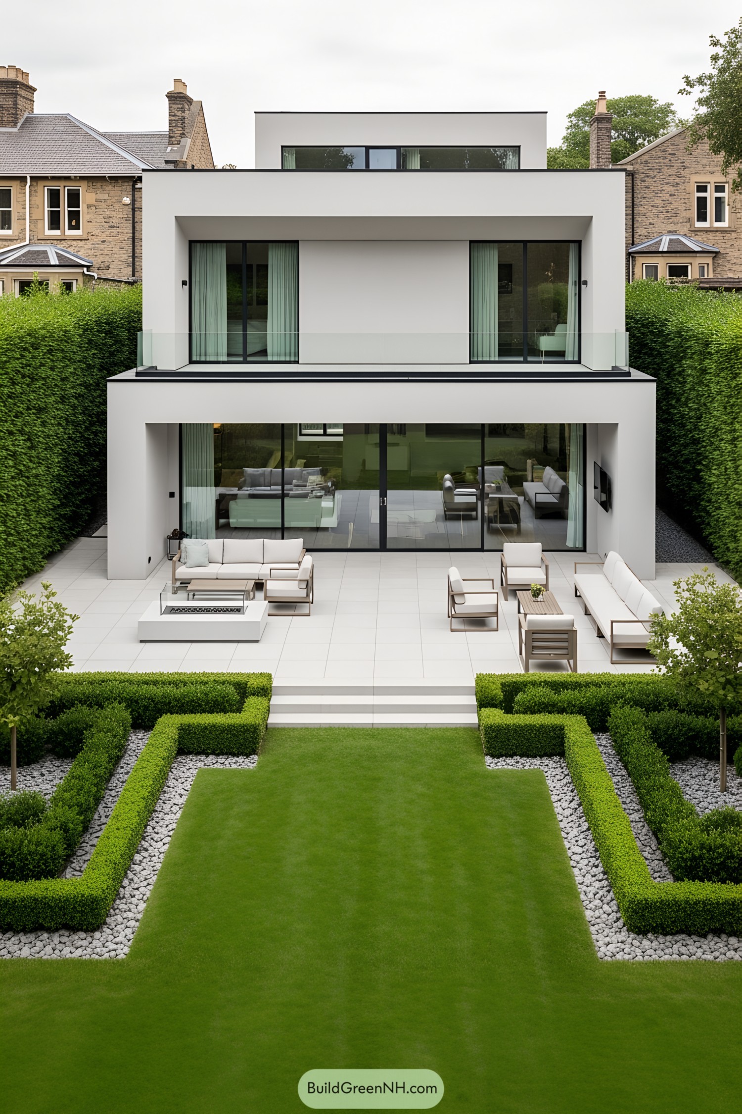Modern house with a sleek patio and lush green garden