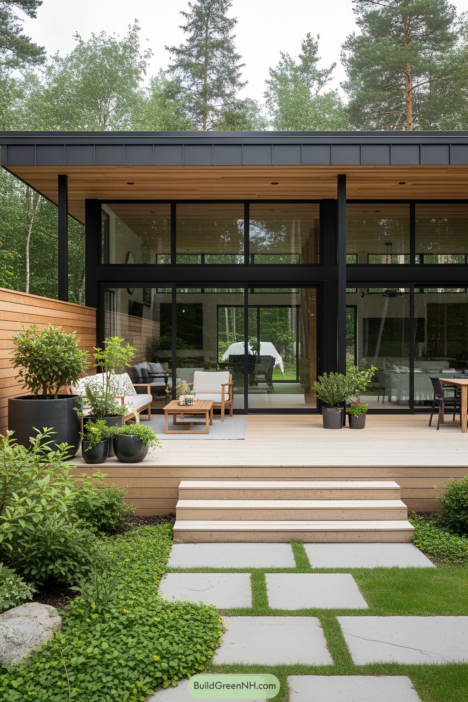 Modern house with large glass patio doors opening to a lush garden