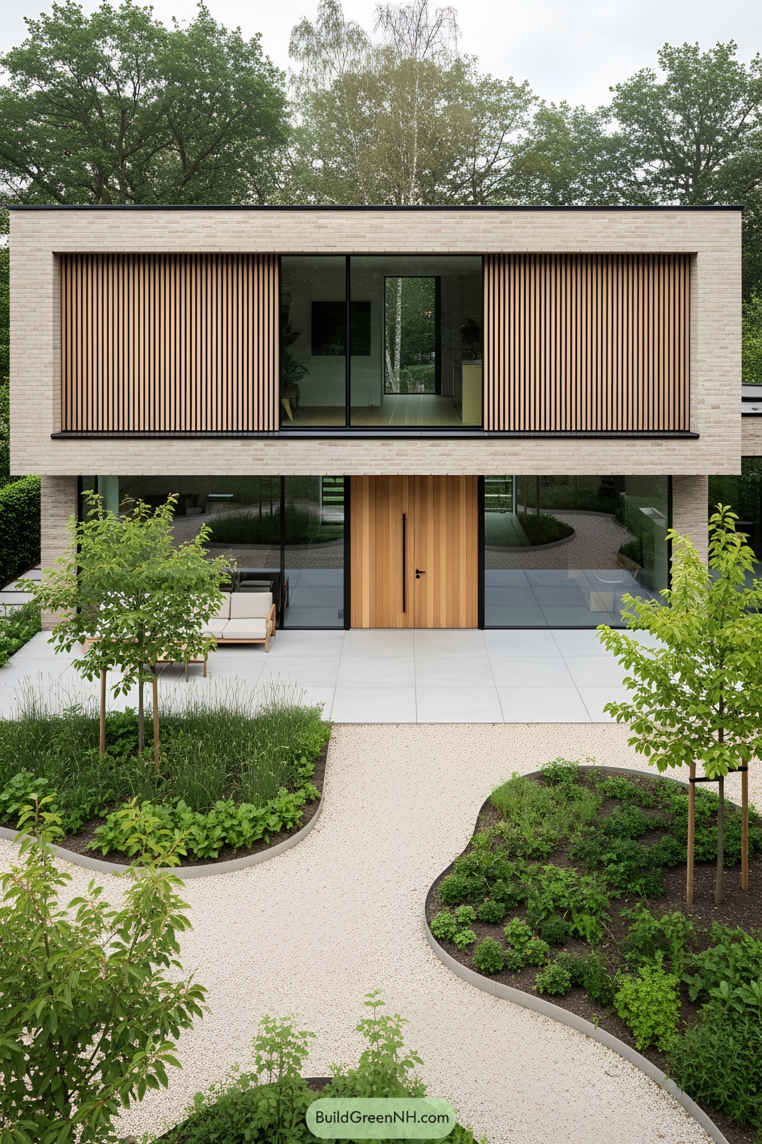 A modern house with a lush garden and sleek patio