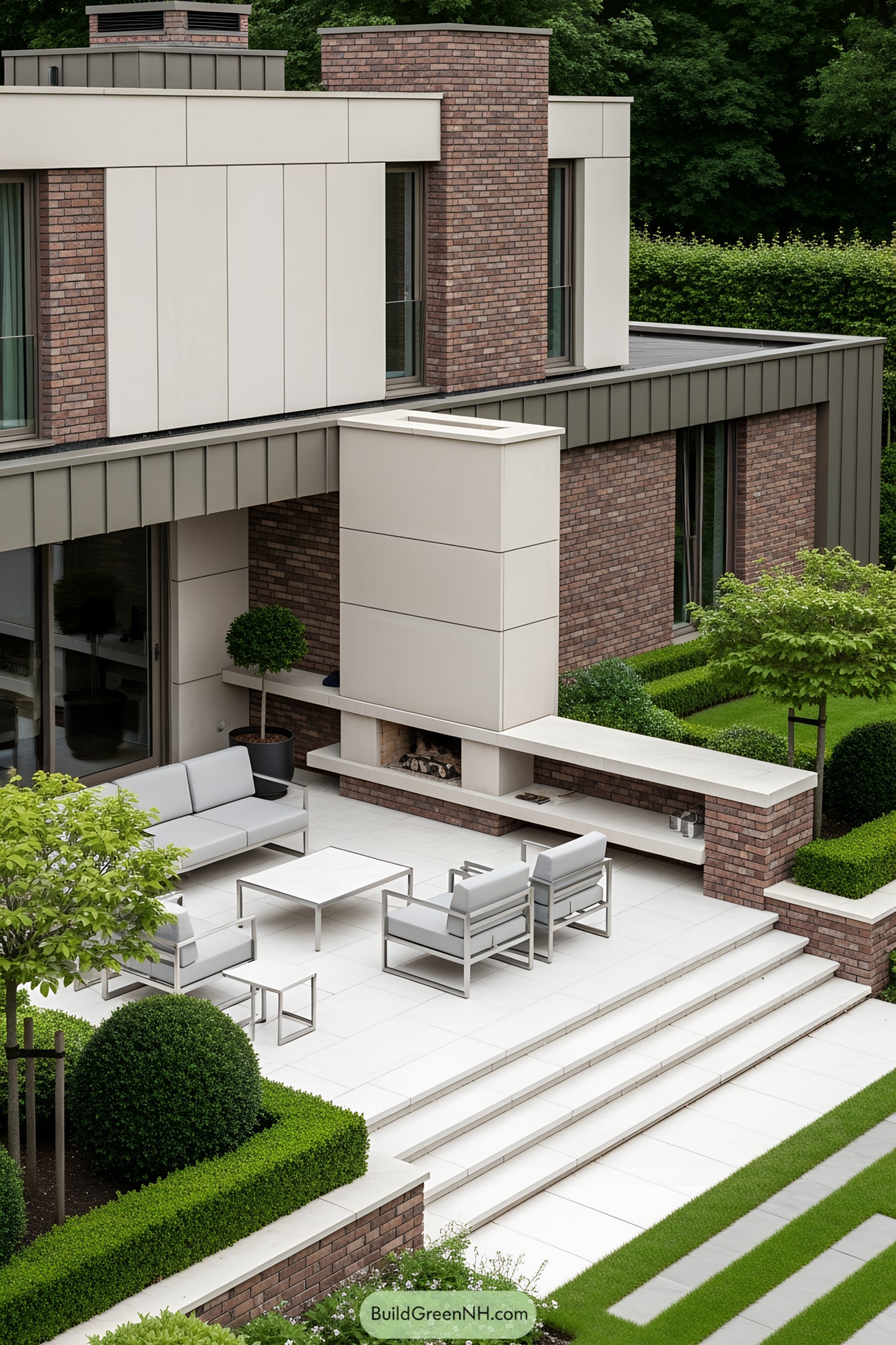 Modern house with sleek patio, surrounded by lush greenery