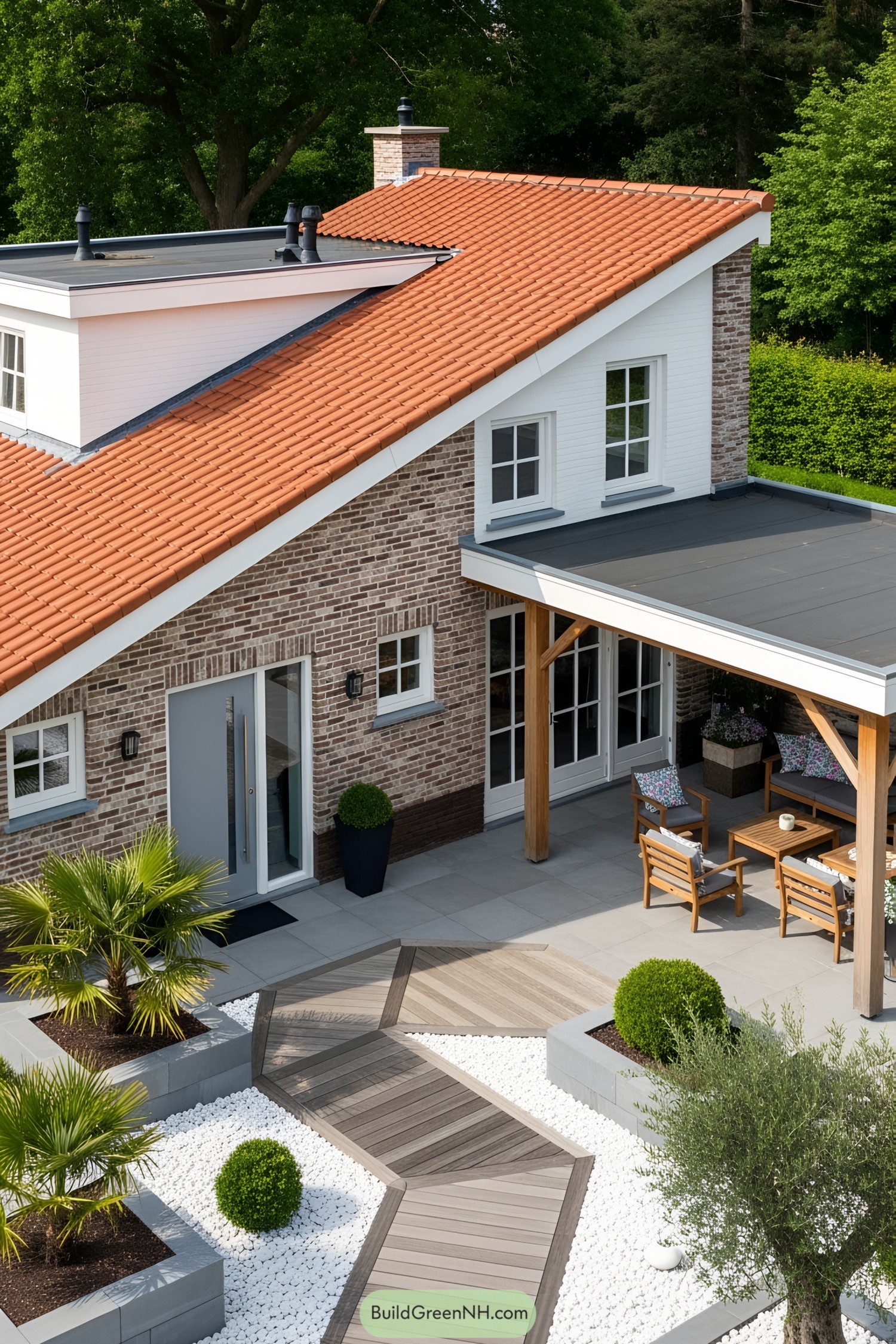 Modern house with a patio and garden pathway