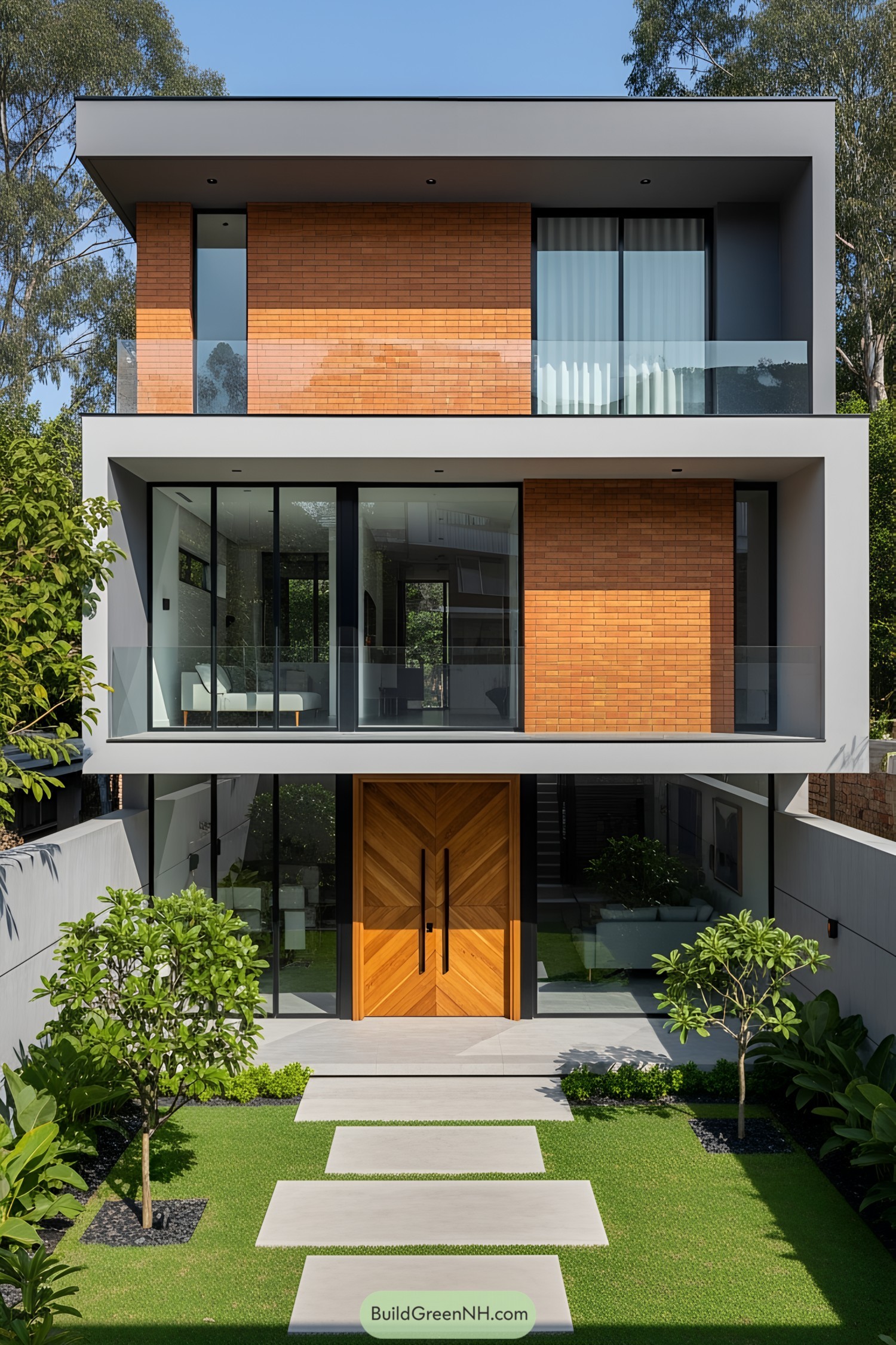 Modern house with sleek design, brick facade, and lush garden path