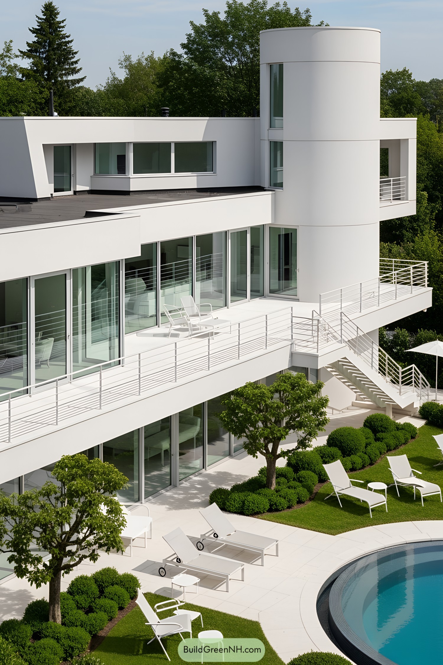 Modern white house with sleek terraces and lush greenery