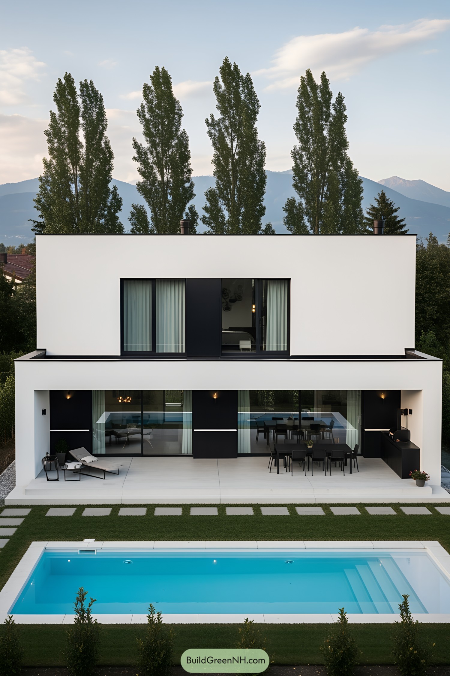 Contemporary house with white terrace and pool