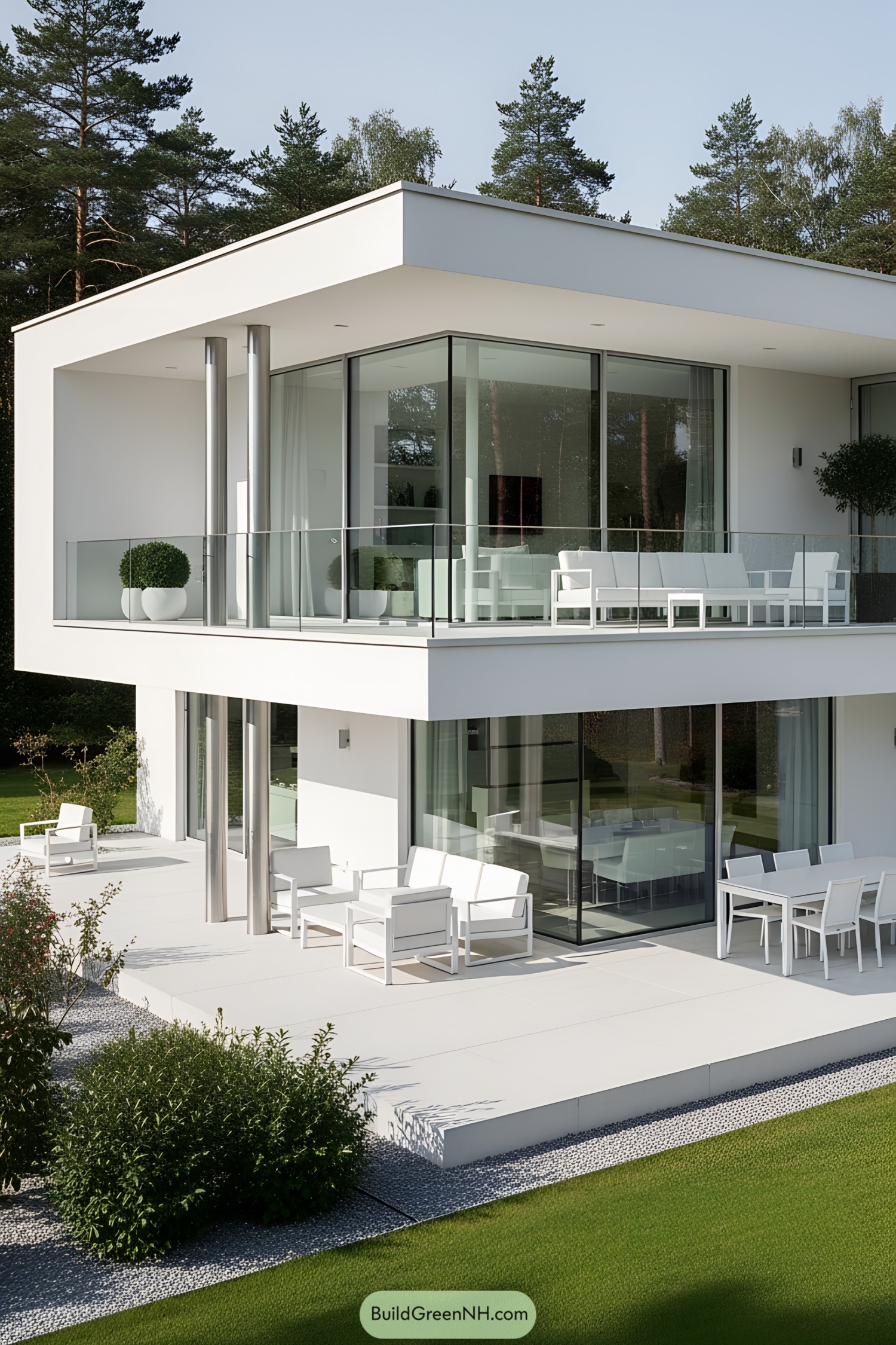 Modern house with white terraces and large glass windows