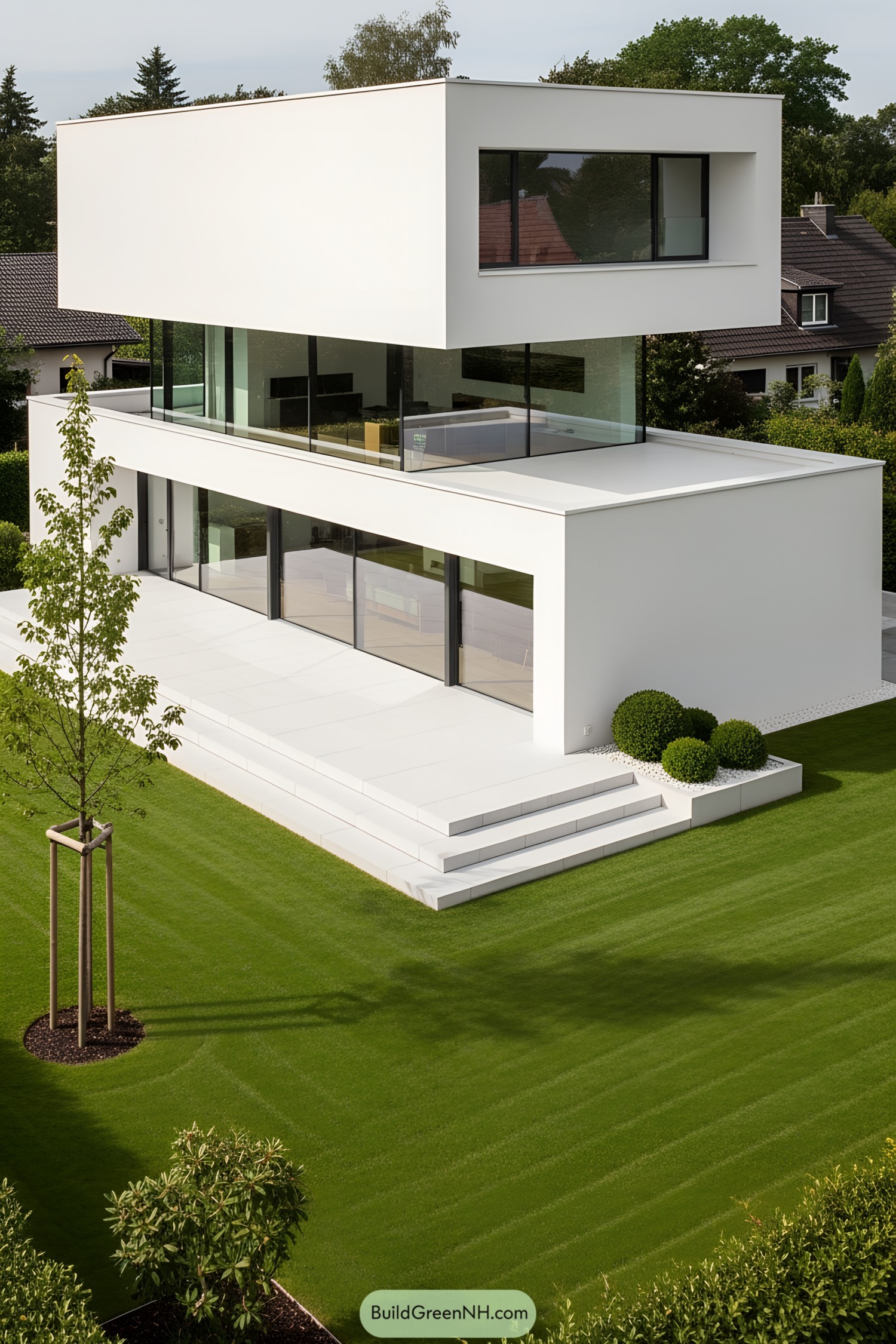 Modern house with white terraces and large windows