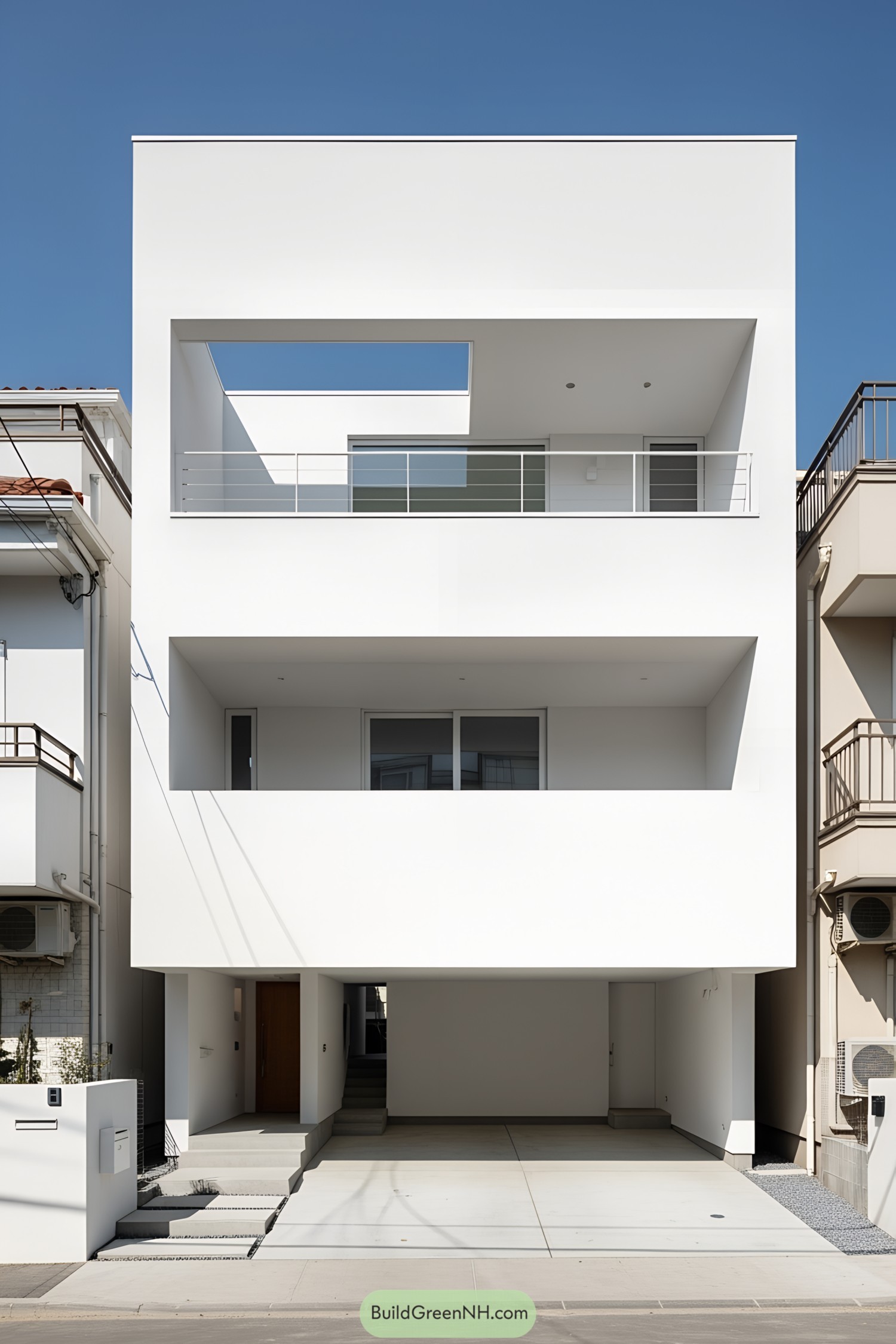 Minimalist white building with geometric terraces