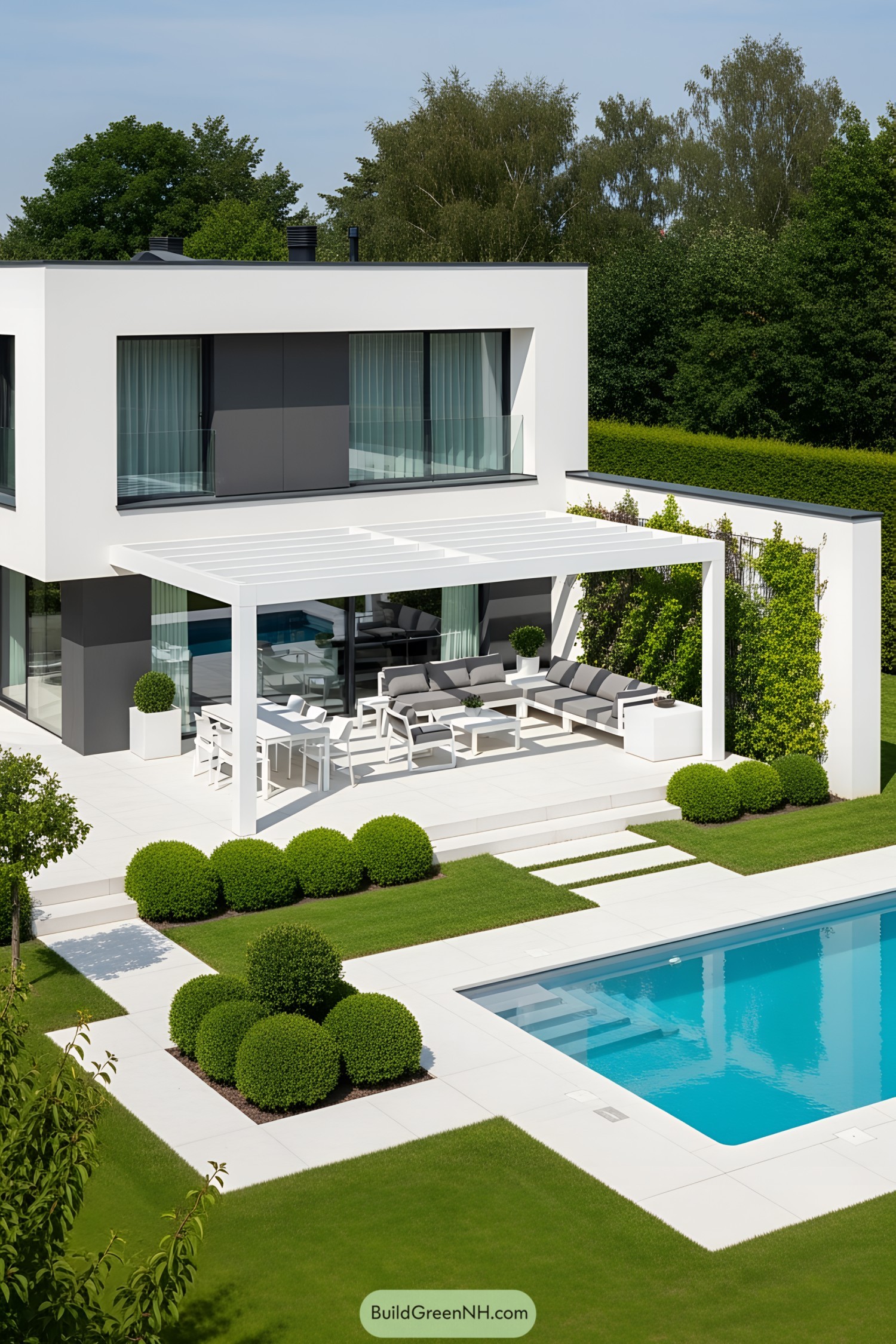 Modern house with white terrace and garden